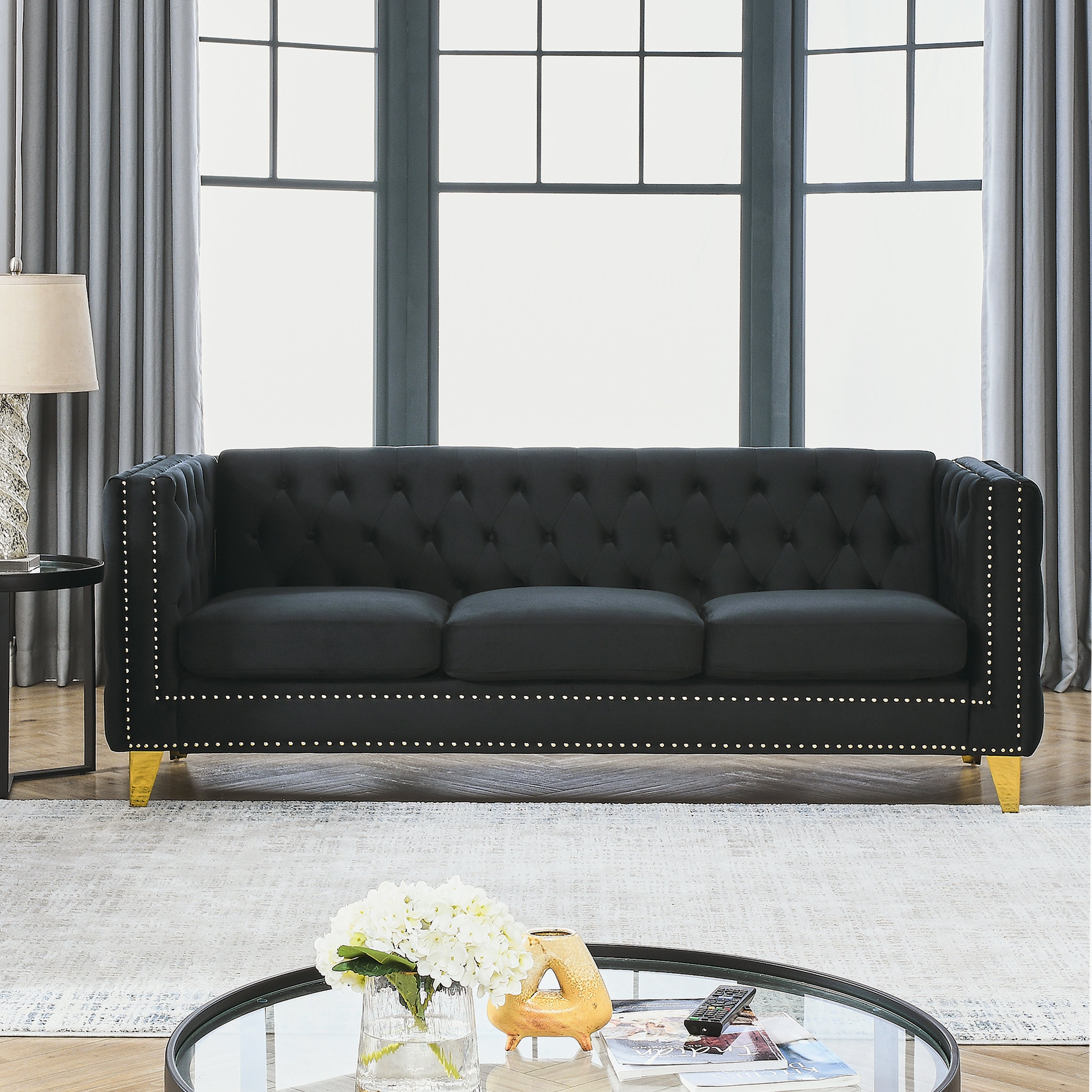 Modern Black Velvet Sofa with Button Tufting and Metal Legs, 3-Seater Couch for Living Room or Bedroom, Upholstered in Soft Velvet with Solid Wood Frame - Grand Goldman Shop