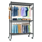 Heavy Duty Rolling Clothes Rack with 3 Tier Shelves, 2 Rails & Side Hooks, Adjustable Freestanding Organizer, Black Metal - Grand Goldman Shop