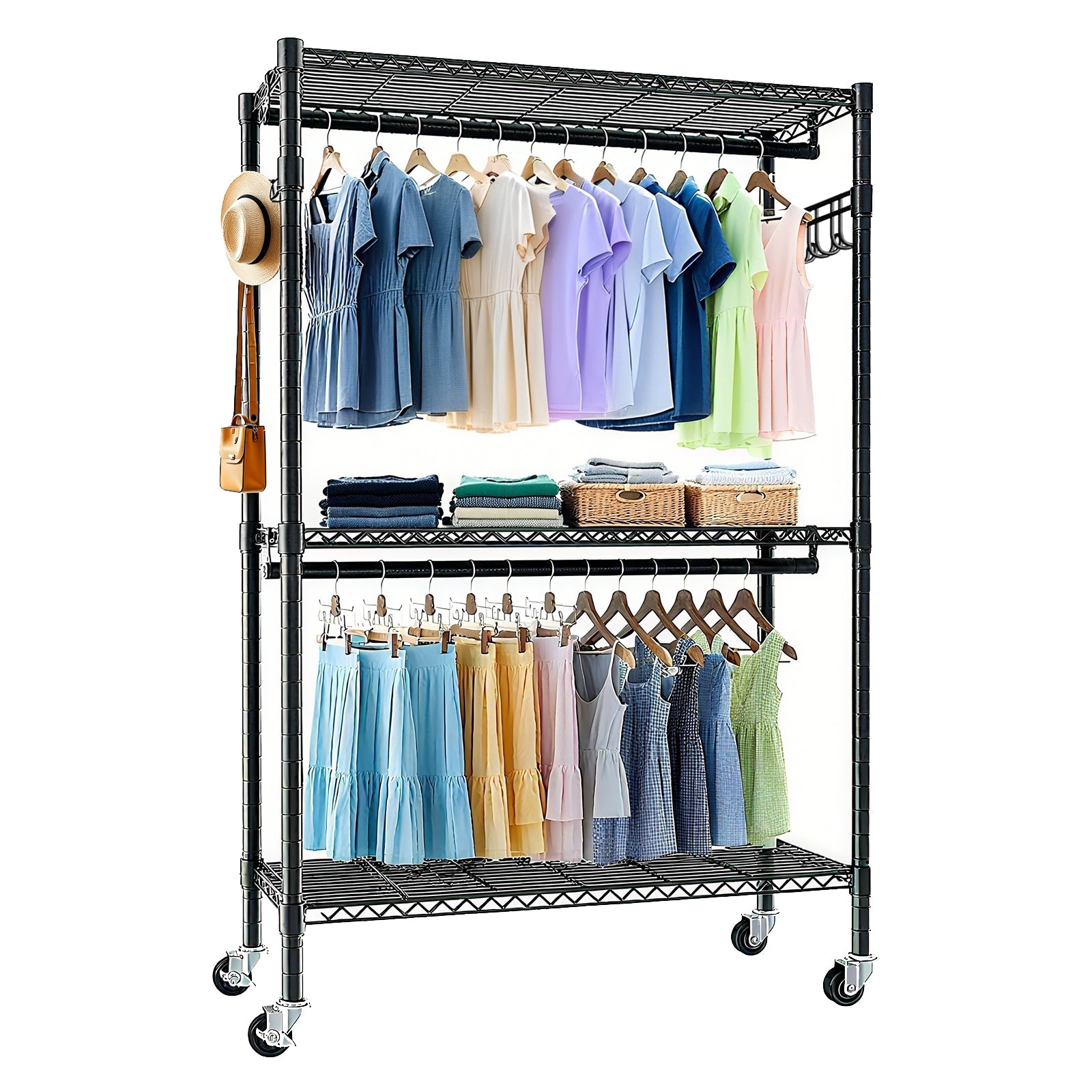 Heavy Duty Rolling Clothes Rack with 3 Tier Shelves, 2 Rails & Side Hooks, Adjustable Freestanding Organizer, Black Metal - Grand Goldman Shop