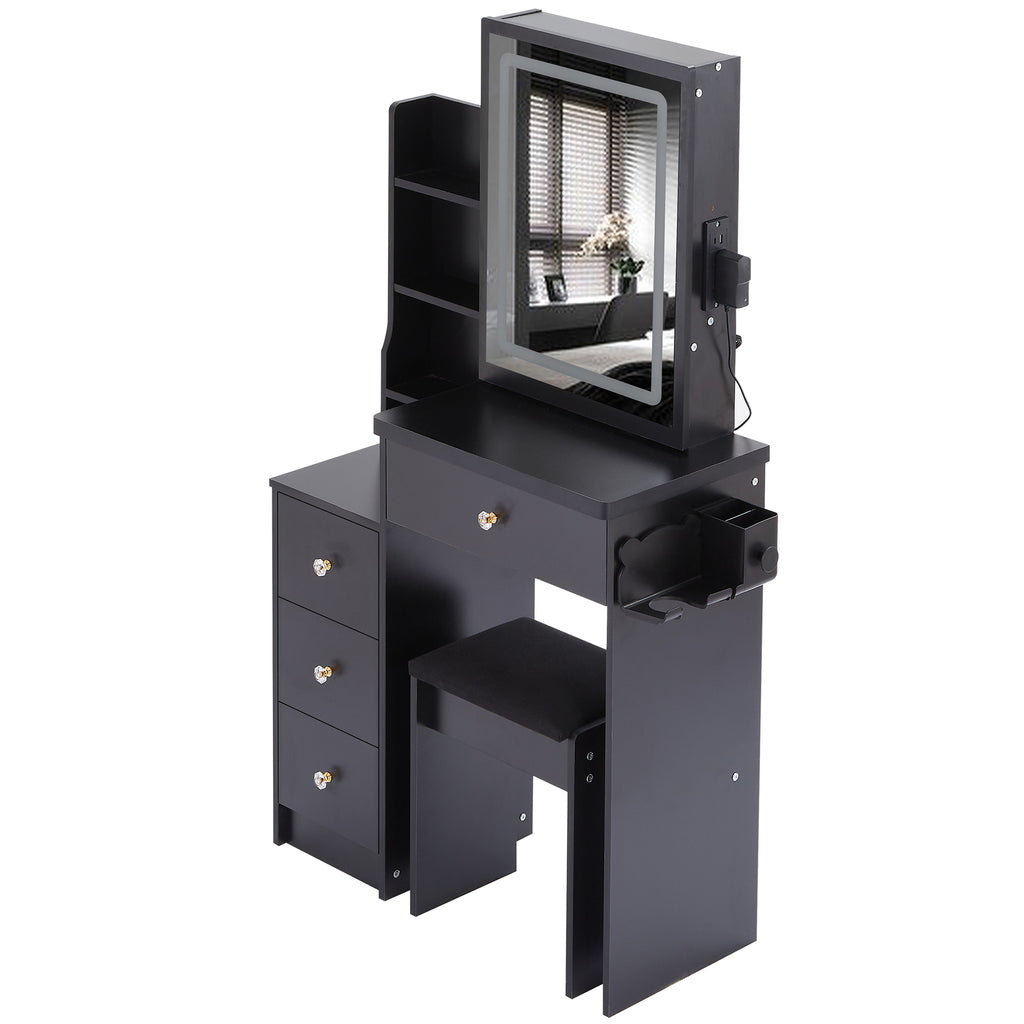 29.2' Small Size Left Bedside Cabinet Vanity Table + Cushioned Stool, 2 AC+2 USB Power Station, Hair dryer bracket, Extra Large Touch Control Sliding LED Mirror, Tri-color Switching, Brightness Adjust - Grand Goldman Shop