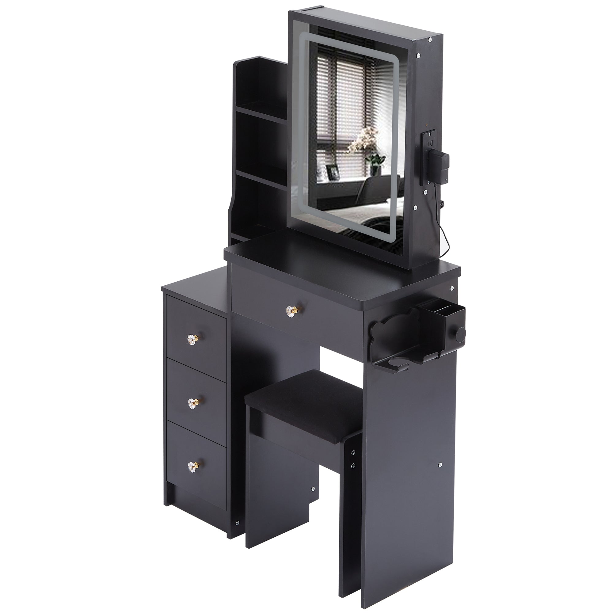 29.2' Small Size Bedside Cabinet Vanity Table + Cushioned Stool, 2 AC+2 USB Power Station, Hair dryer bracket, Extra Large Touch Control Sliding LED Mirror, 3-color Switching, EPA, GCC, UL Certificate - Grand Goldman Shop