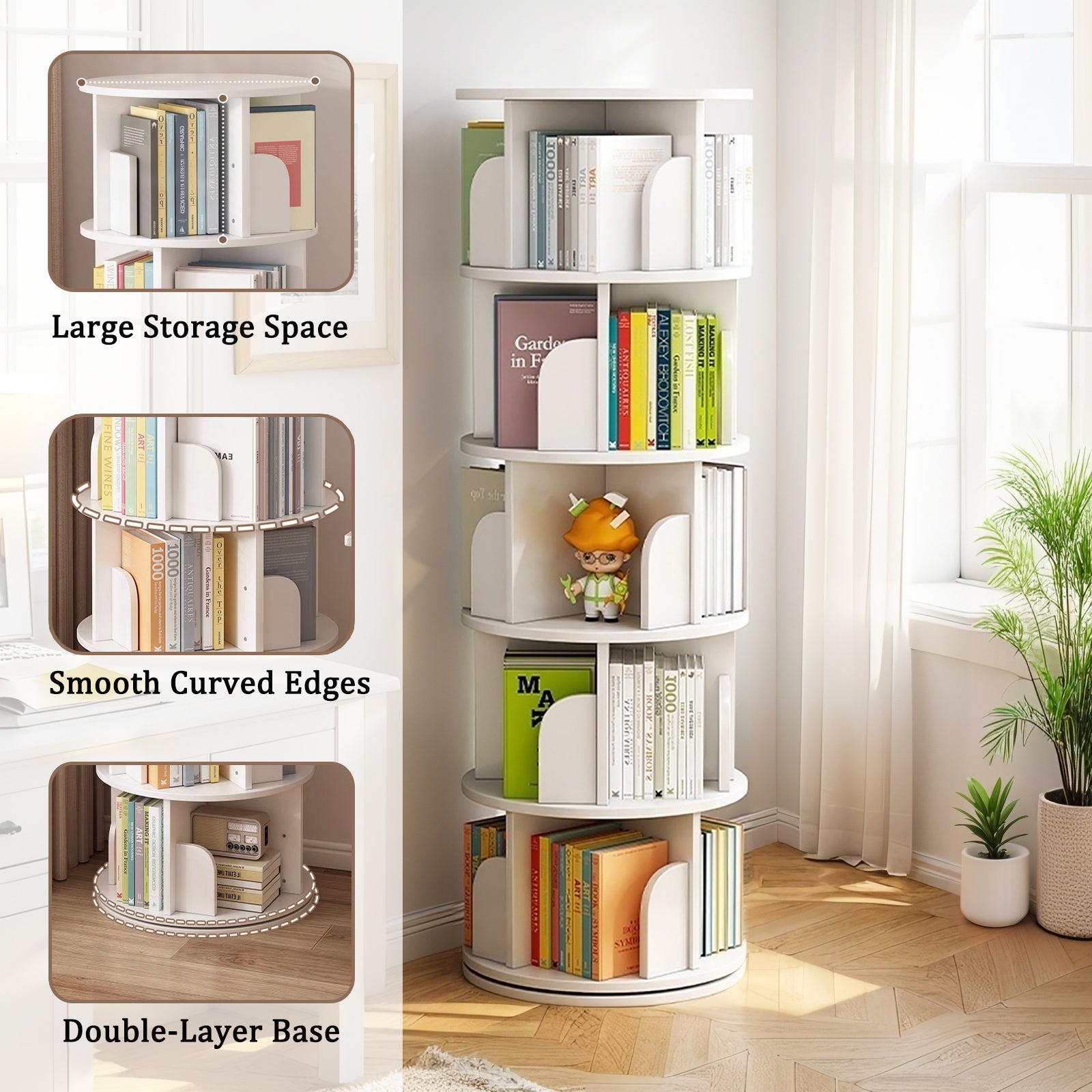5 Tier Rotating Bookshelf, 360° Display Round Spinning Bookshelf, Space-Saving, Small Space Rotating Bookshelf Tower for Bedroom, Living Room, Home, Office, Warm White - Grand Goldman Shop
