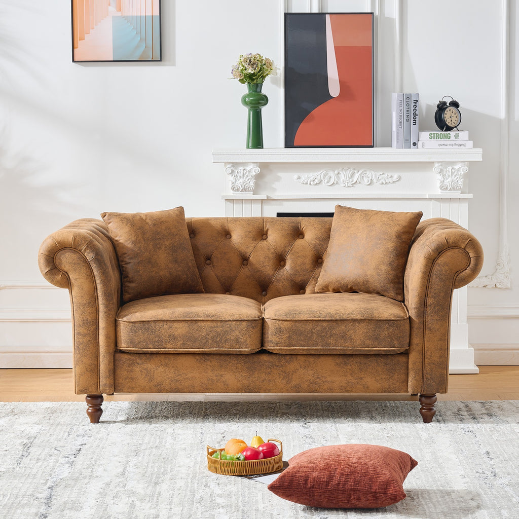 63'Chesterfield ‌tech Fabric Sofa,High-tech Fabric Roll Armrest Sofa,Upholstered Mid Century Modern Couch,2 Seater Couch for Living Room, Office, Apartment, Brown - Grand Goldman Shop