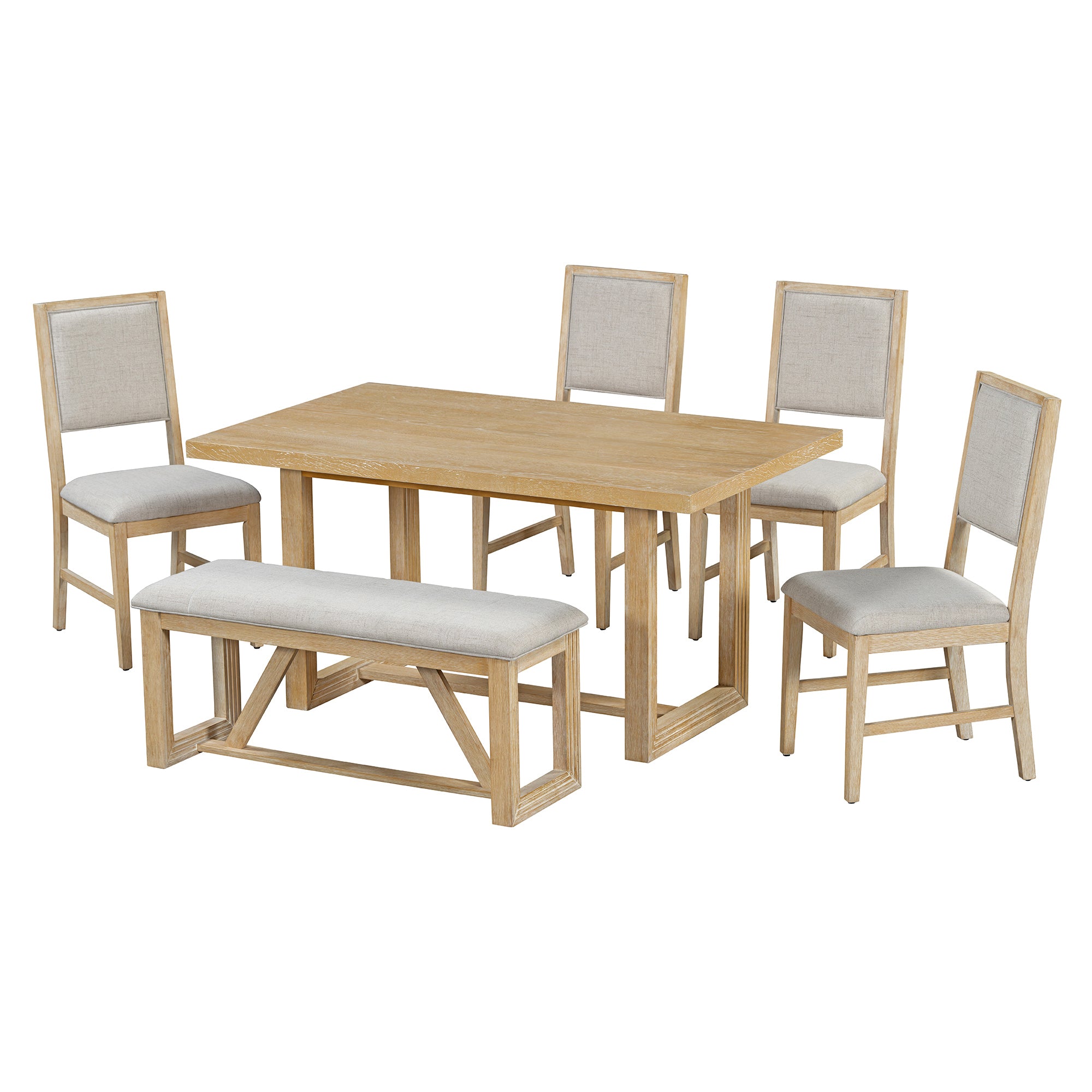 TREXM 6-Piece Retro Dining Table Set for 6, 60' Wood Kitchen Table and Chairs Set of 4 with Bench Designed Trestle Base for kitchen & Dining Room (Natural) - Grand Goldman Shop