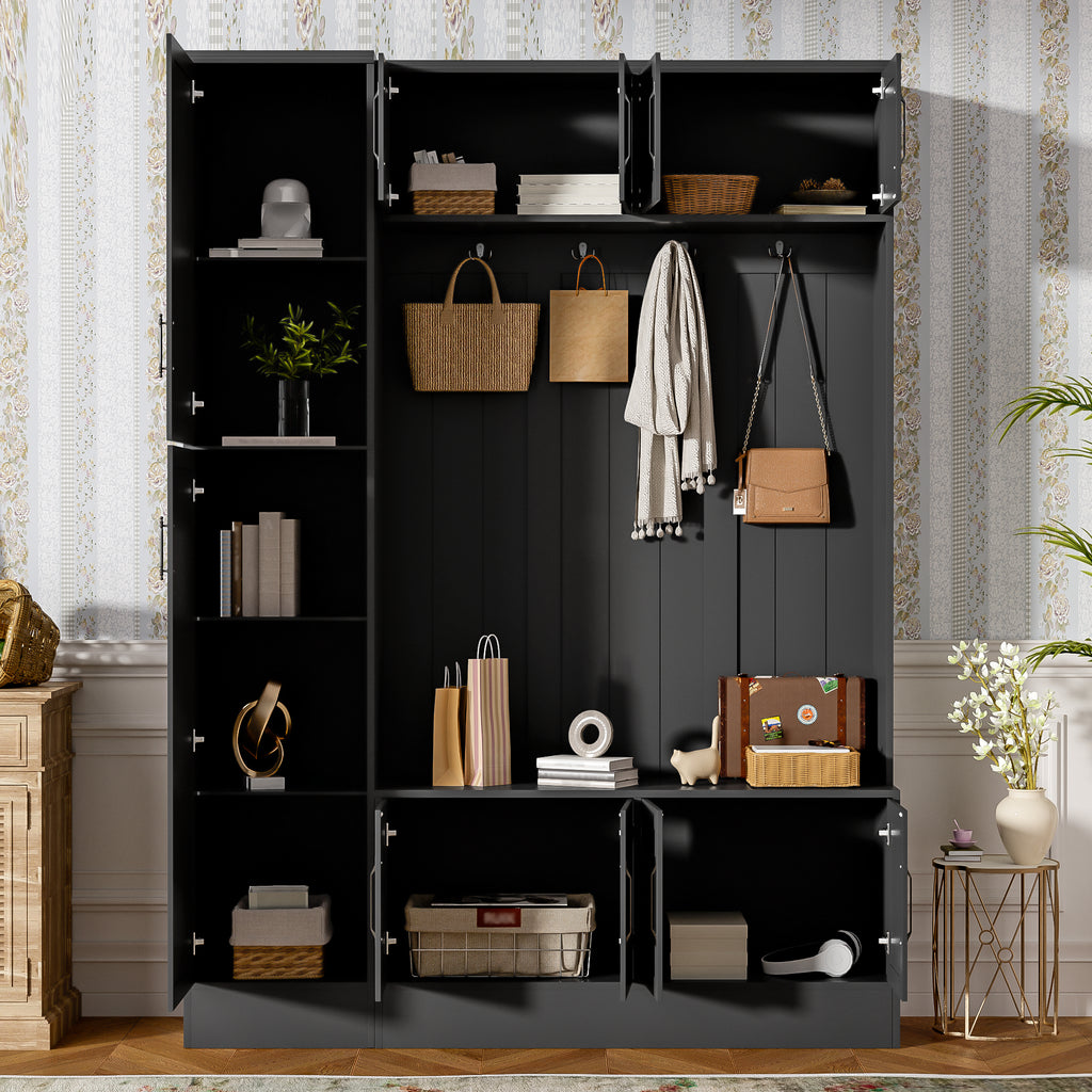VIBE HAUS 79'' Tall Modern Hall Tree with Shoe Storage, 4-in-1 Entryway Bench with 6 Cabinets, 4 Coat Hooks & Adjustable Shelf for Hallway, living room, Black - Grand Goldman Shop