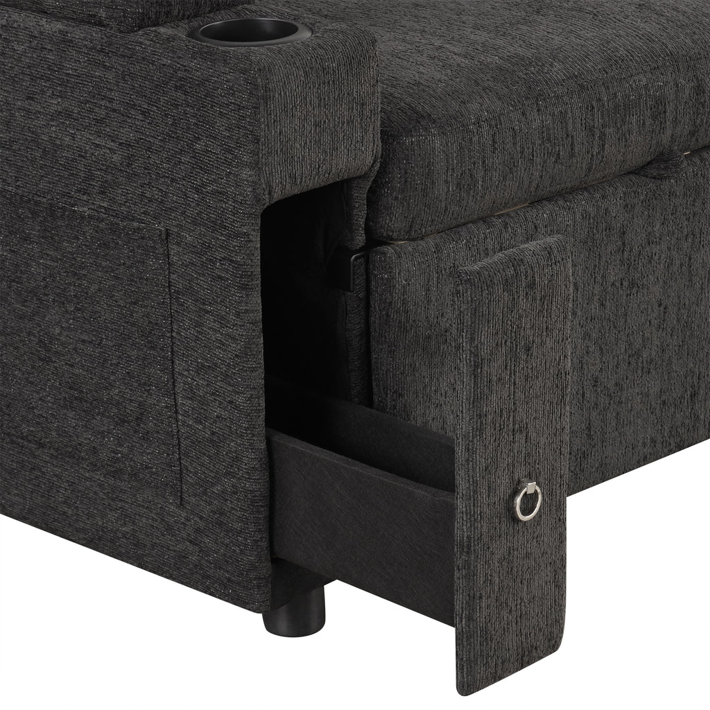 Black Convertible L-shaped Sofa Couch with Storage, Cup Holders, USB Ports, Chenille Fabric, 83.5' - Grand Goldman Shop