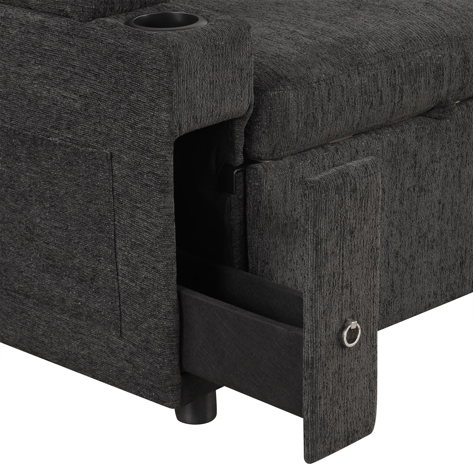 Black Convertible L-shaped Sofa Couch with Storage, Cup Holders, USB Ports, Chenille Fabric, 83.5' - Grand Goldman Shop