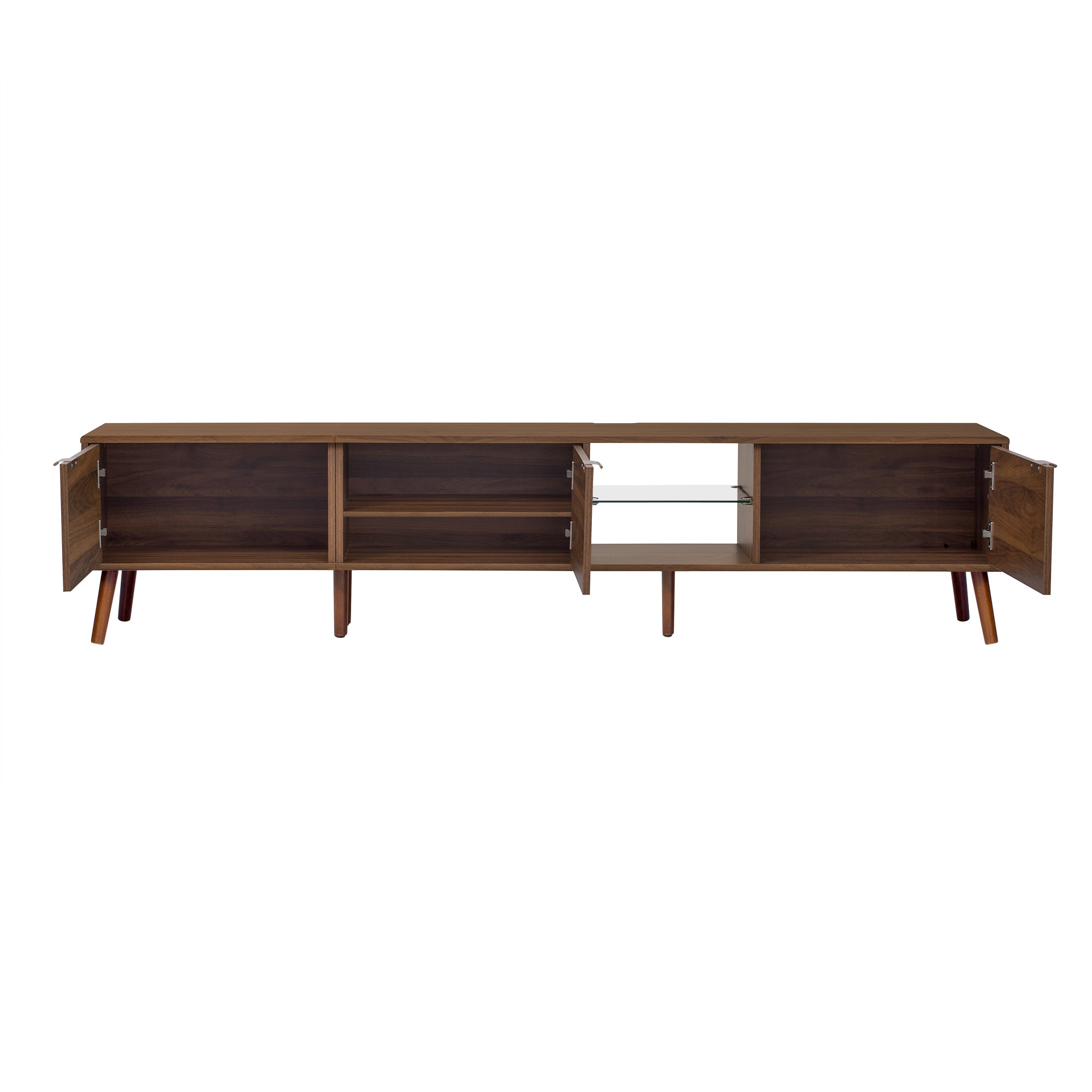 78' TV Stand for 75/80/85 inch TV with Walnut Finish, Ample Storage and Open Shelving in Solid Wood and Glass - Grand Goldman Shop