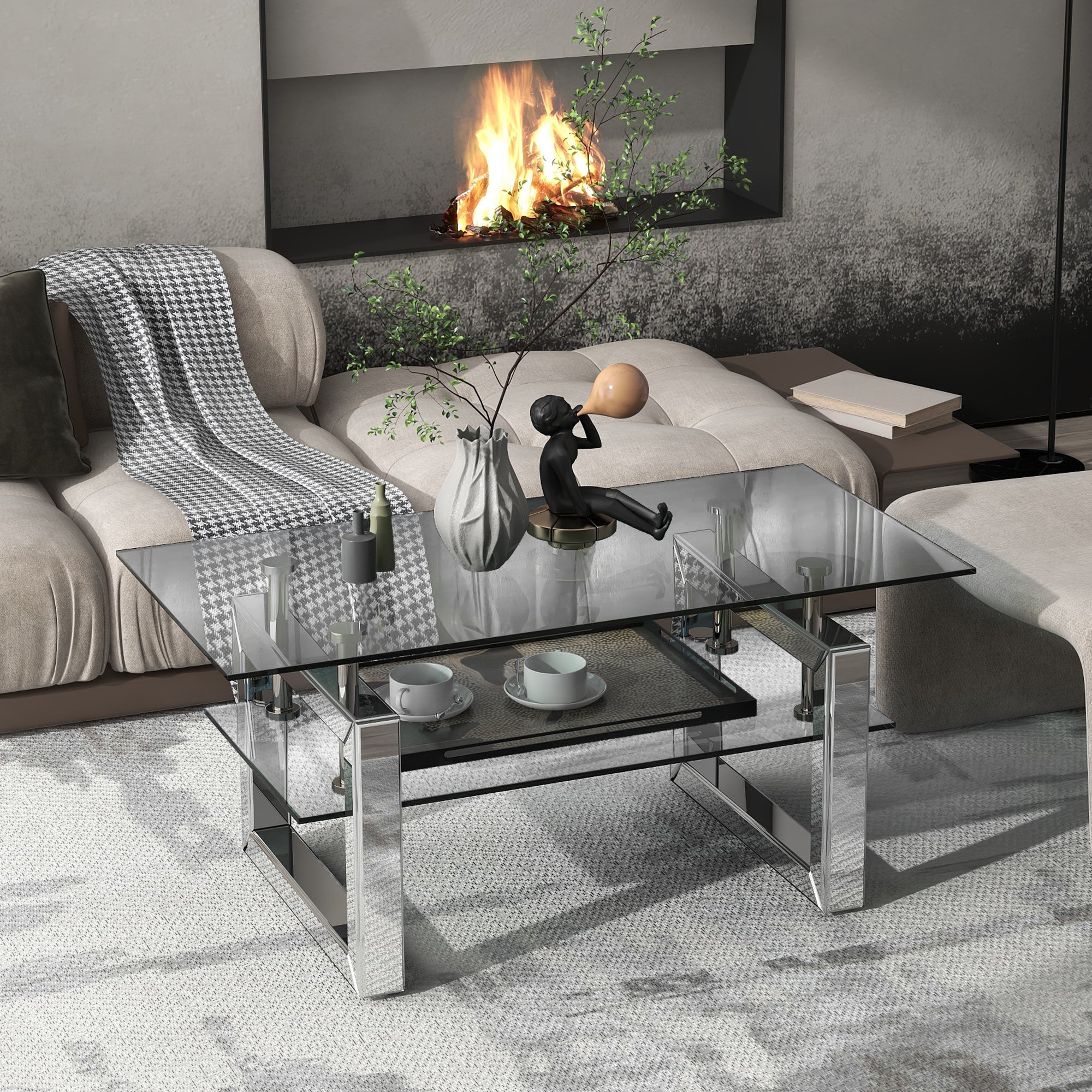 W 39.4' X D 19.7 ' X H 17.7' Transparent tempered glass coffee table, coffee table - Grand Goldman Shop