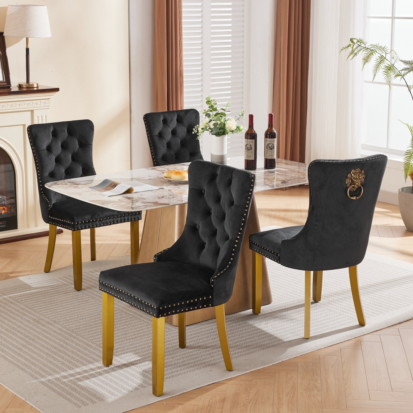 Mid-Century Modern Chairs with Lion Head Pull Ring,High-end Tufted Solid Wood Contemporary Velvet Upholstered Dining Chair with Golden Wooden Legs Nailhead Trim 2-Pcs Set,Black,SW1201BK - Grand Goldman Shop
