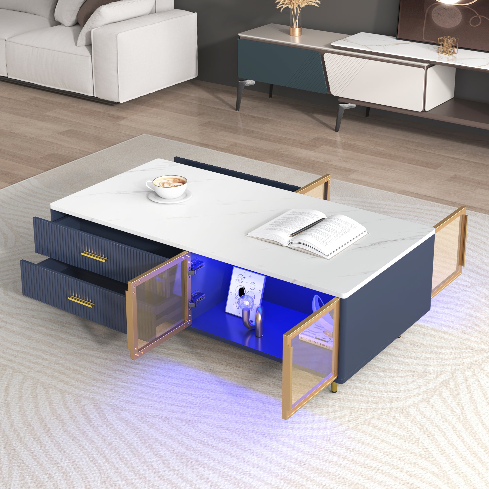 Modern Navy Blue Coffee Table with 2 Glass Door Storage, 4 Drawers, Gold Metal Legs, and Multi-Color Lighting in 47.2'' - Grand Goldman Shop