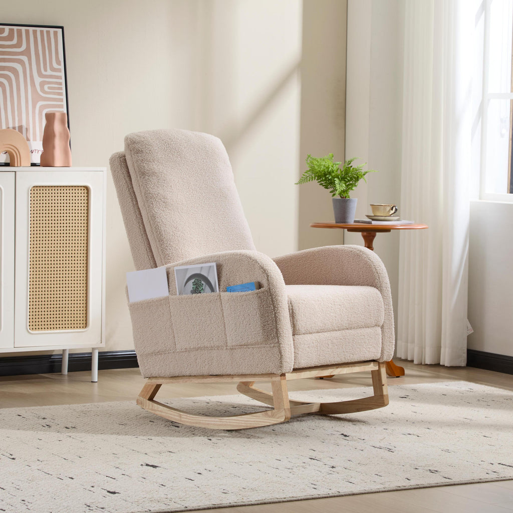 Modern Accent Rocking Chair Rocking Chair with Solid Wood Legs, Upholstered Nursery Glider Rocker Side Pocket and Footrest, Living Room Lounge Arm Chair with High Backrest (beige,teddy) - Grand Goldman Shop