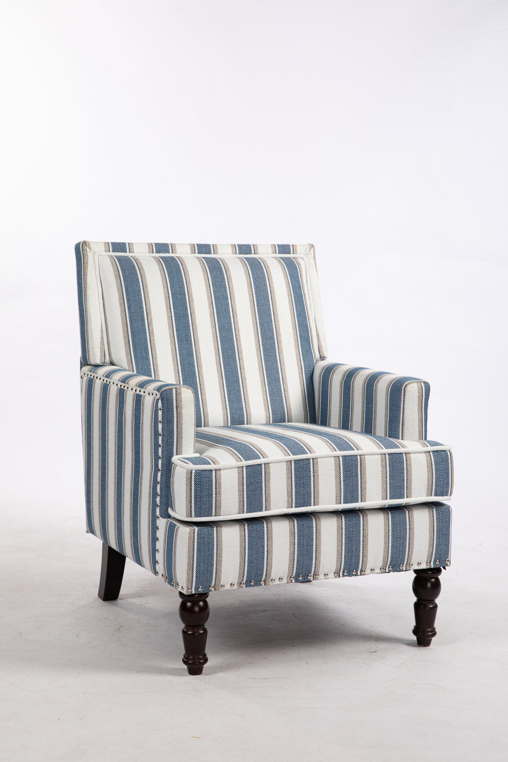 Upholstered Accent Chair, Vintage Armchair with Blue and White Striped Linen Fabric and Nailhead Trim for Living Room - Grand Goldman Shop