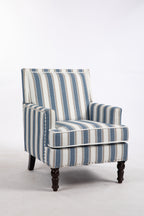Upholstered Accent Chair, Vintage Armchair with Blue and White Striped Linen Fabric and Nailhead Trim for Living Room - Grand Goldman Shop