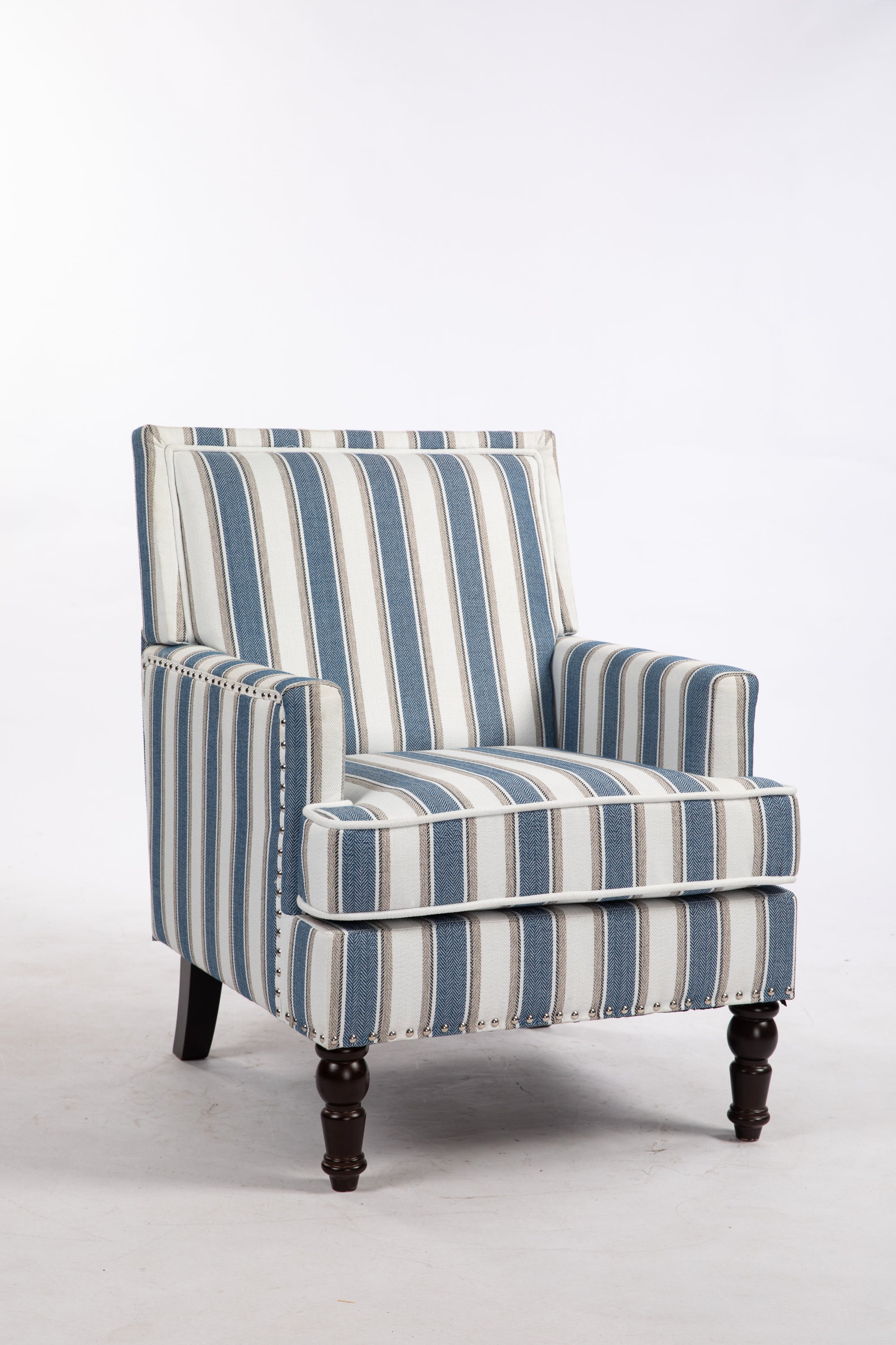 Upholstered Accent Chair, Vintage Armchair with Blue and White Striped Linen Fabric and Nailhead Trim for Living Room - Grand Goldman Shop