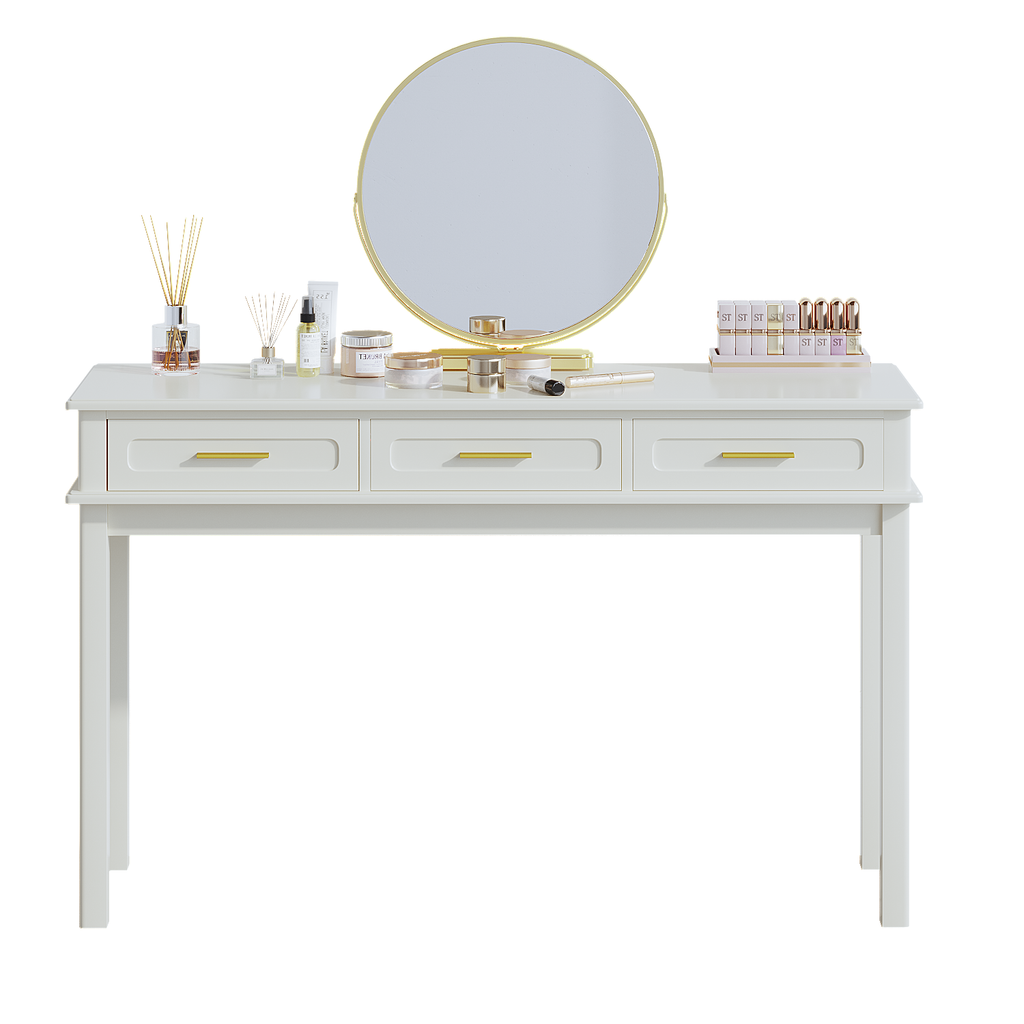 Cream White Vanity Desk with 3 Drawers, Modern Makeup Table or Writing Desk, Multipurpose Dressing Table for Bedroom, No Mirror Included - Grand Goldman Shop
