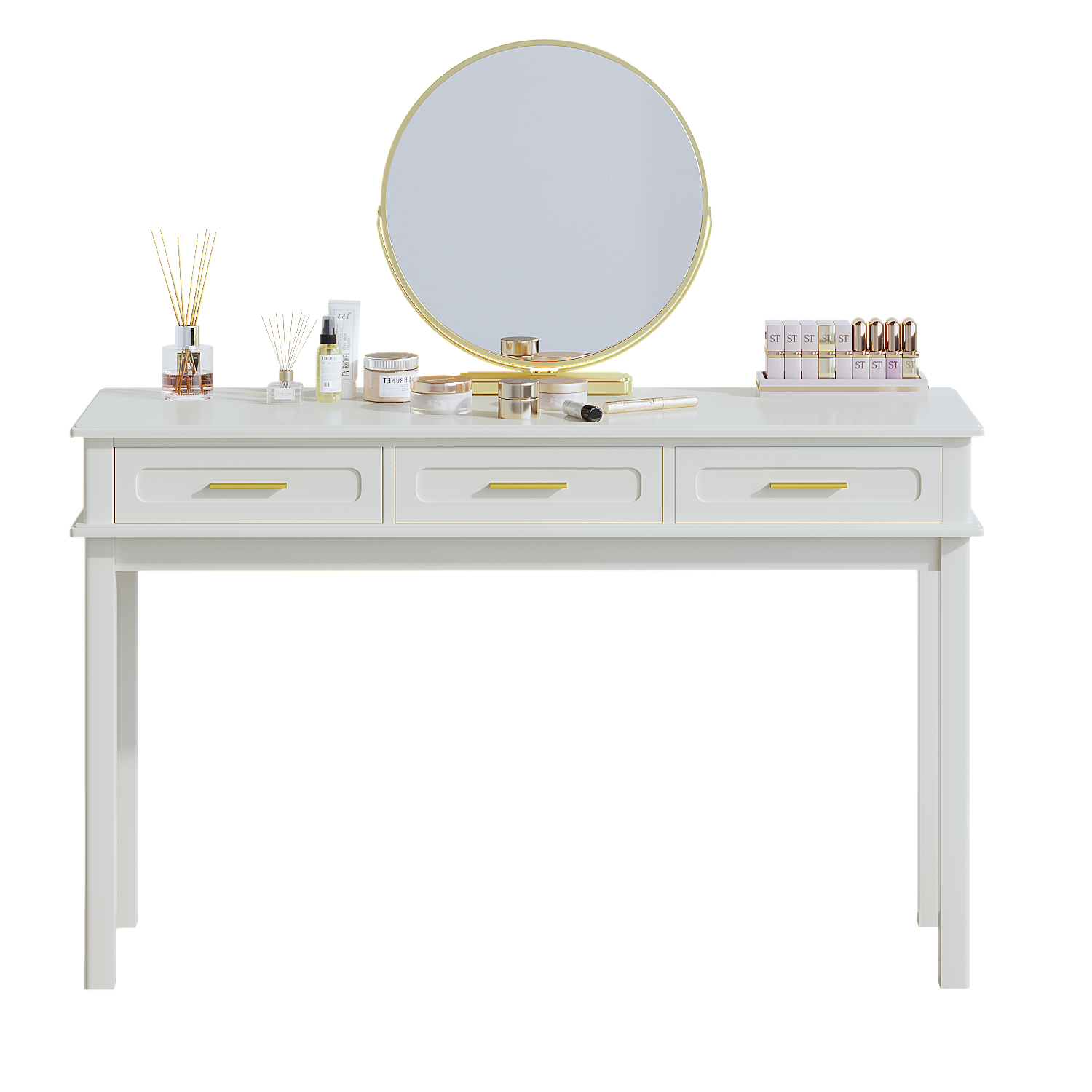 Cream White Vanity Desk with 3 Drawers, Modern Makeup Table or Writing Desk, Multipurpose Dressing Table for Bedroom, No Mirror Included - Grand Goldman Shop