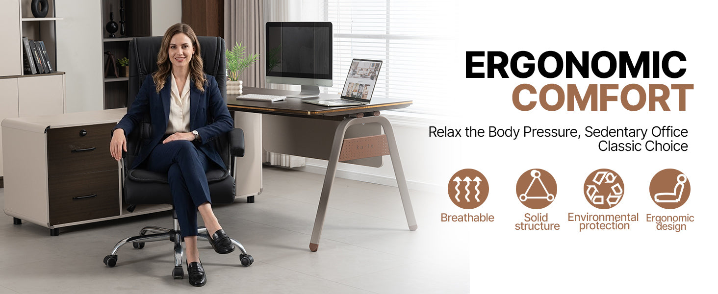 Executive Office Chair High Back PU Leather Desk Chair with Spring Seat Cushion, Ergonomic Swivel Computer Chair with Chrome 