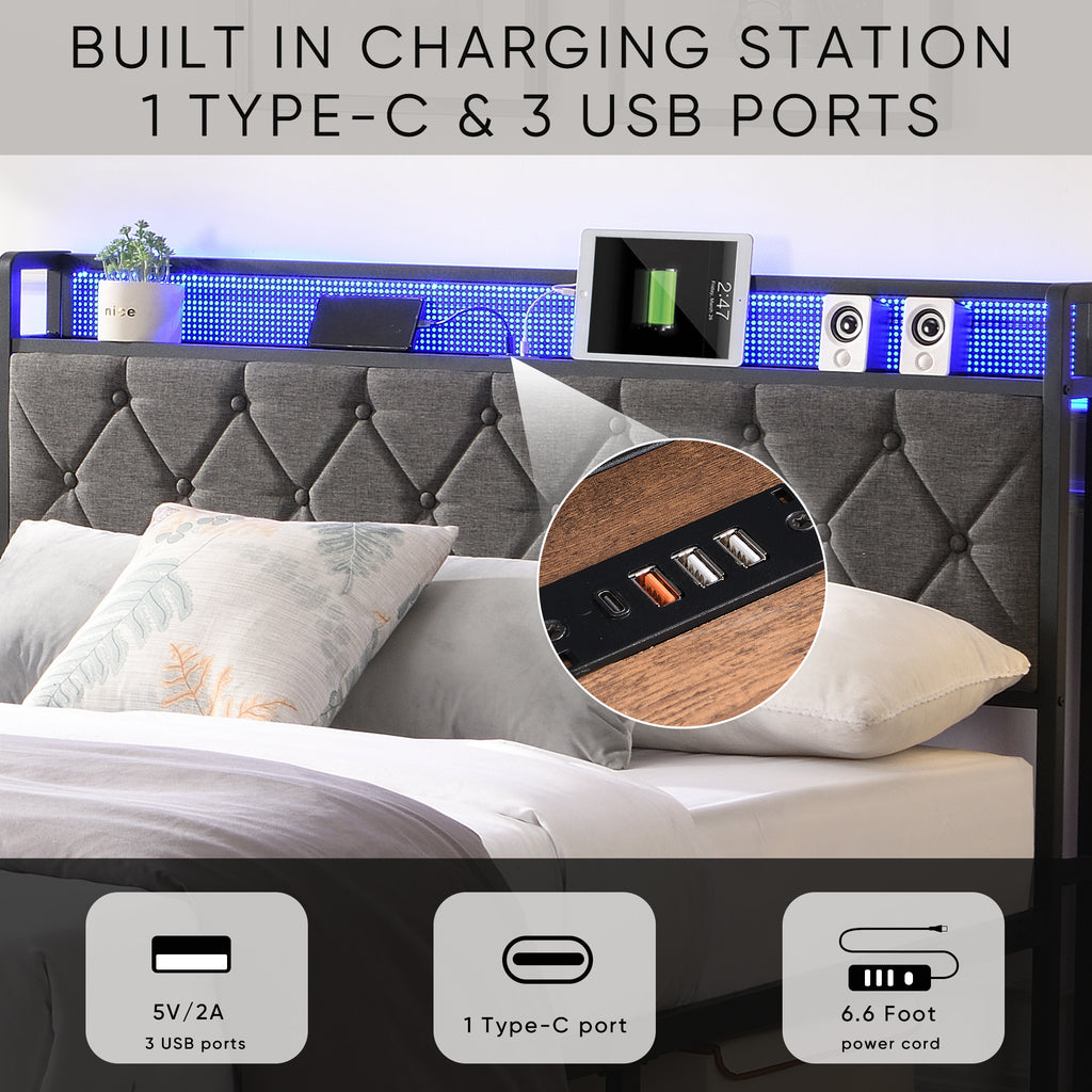 Full Bed Frame with  Storage Headboard, Charging Station and LED Lights, Upholstered Platform Bed with Heavy Metal Slats, No Box Spring Needed, Noise Free, Easy Assembly, Dark Gray - Grand Goldman Shop