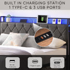 Full Bed Frame with  Storage Headboard, Charging Station and LED Lights, Upholstered Platform Bed with Heavy Metal Slats, No Box Spring Needed, Noise Free, Easy Assembly, Dark Gray - Grand Goldman Shop
