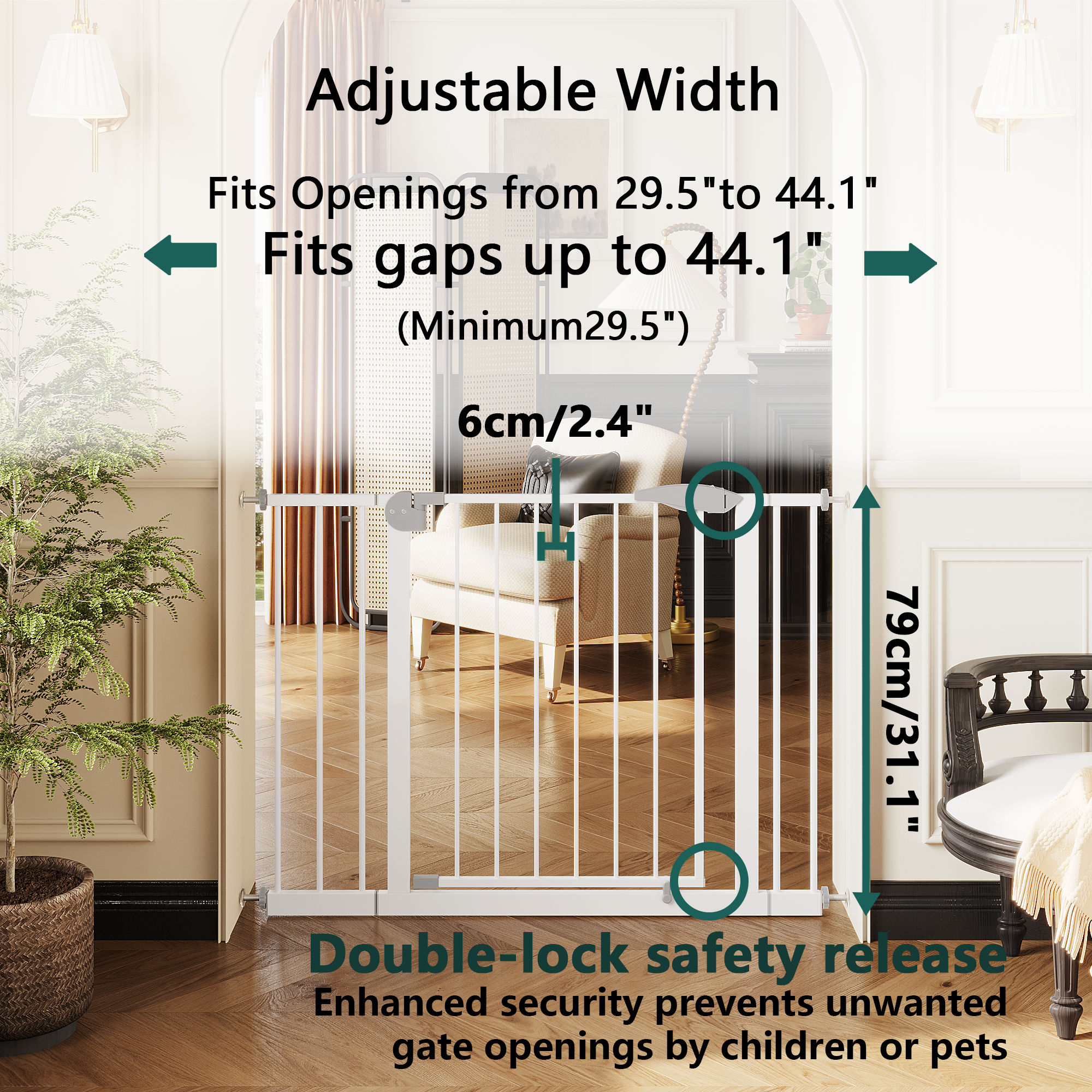 2 Pack 29.5-44.1' Wide Baby Gate for Stairs, Dog Gate Indoor for Doorways, No Drilling Pressure Mounted Pet Gates for Kids, E