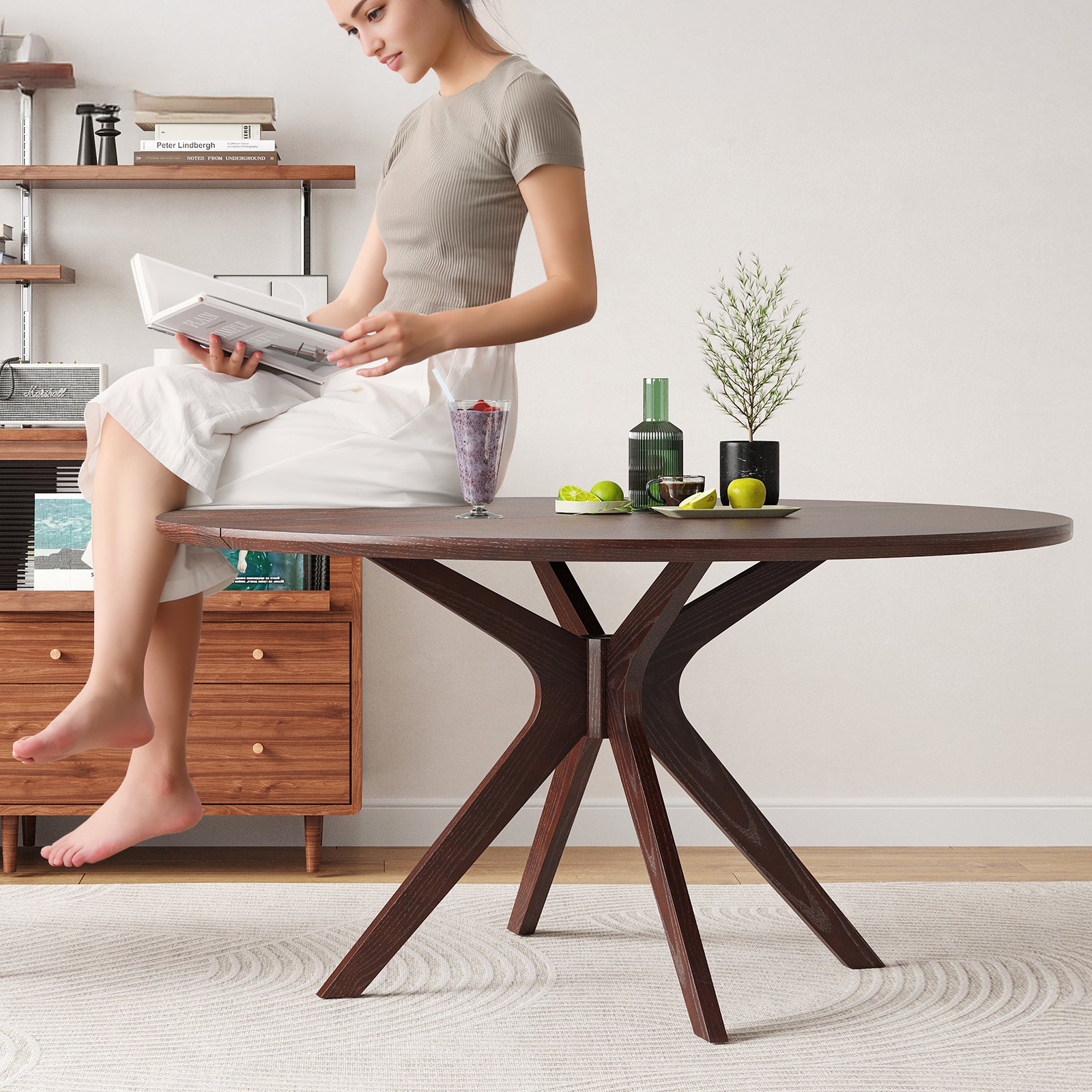 47.2' Solid Wood Round Dining Kitchen Table for 4-6 People with Intersecting Pedestal Base - Grand Goldman Shop