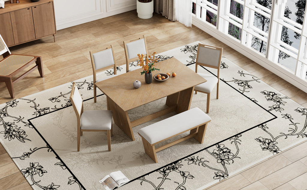 TREXM 6-Piece Retro Dining Table Set for 6, 60' Wood Kitchen Table and Chairs Set of 4 with Bench Designed Trestle Base for kitchen & Dining Room (Natural Wood Wash) - Grand Goldman Shop