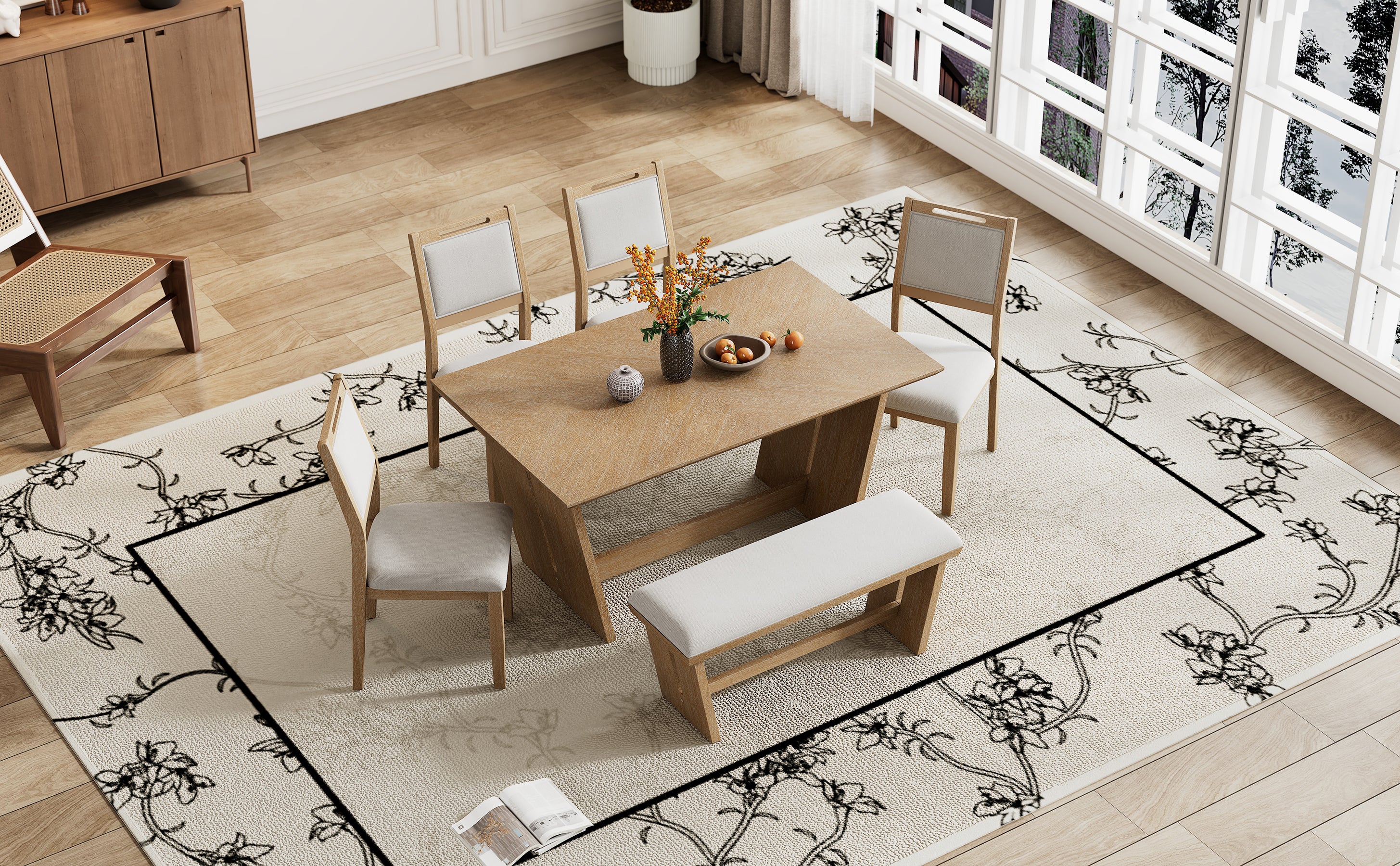 TREXM 6-Piece Retro Dining Table Set for 6, 60' Wood Kitchen Table and Chairs Set of 4 with Bench Designed Trestle Base for kitchen & Dining Room (Natural Wood Wash) - Grand Goldman Shop