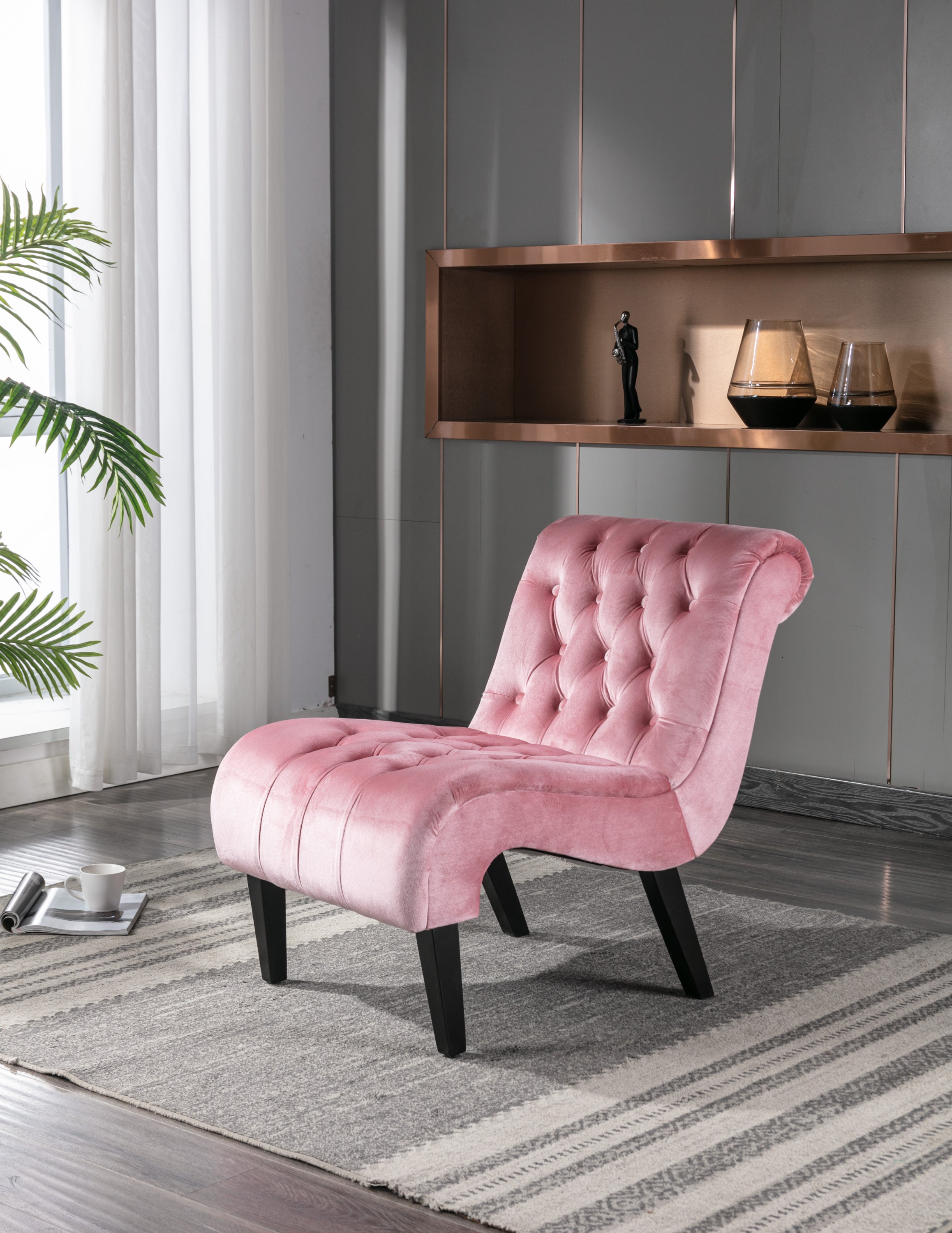 COOLMORE Modern Velvet Armless Accent Living Room Chair / Leisure Chair,Upholstered Fabric Button Comfortable Chair with Wooden Legs for Bedroom, Living Room, Office (Pink Velvet) - Grand Goldman Shop