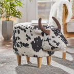 Cow-Shaped Ottoman Footstool, Black and White Modern Accent Stool with Velvet Horns, Fabric Body, Birch Legs - Grand Goldman Shop