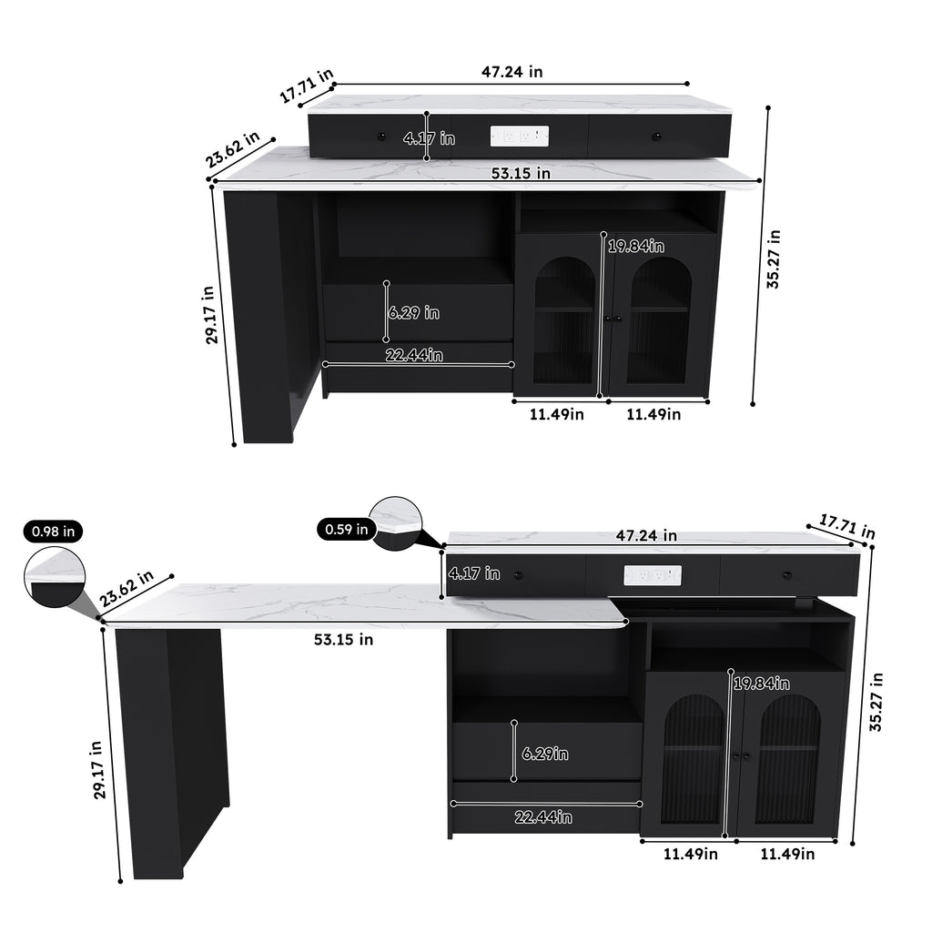 Retro Kitchen Island with Extendable Rotating Table, Black Marble Veneer on MDF, 4 Drawers & Glass Door Cabinets, Built-in Socket, Fits 2-4 People - Grand Goldman Shop