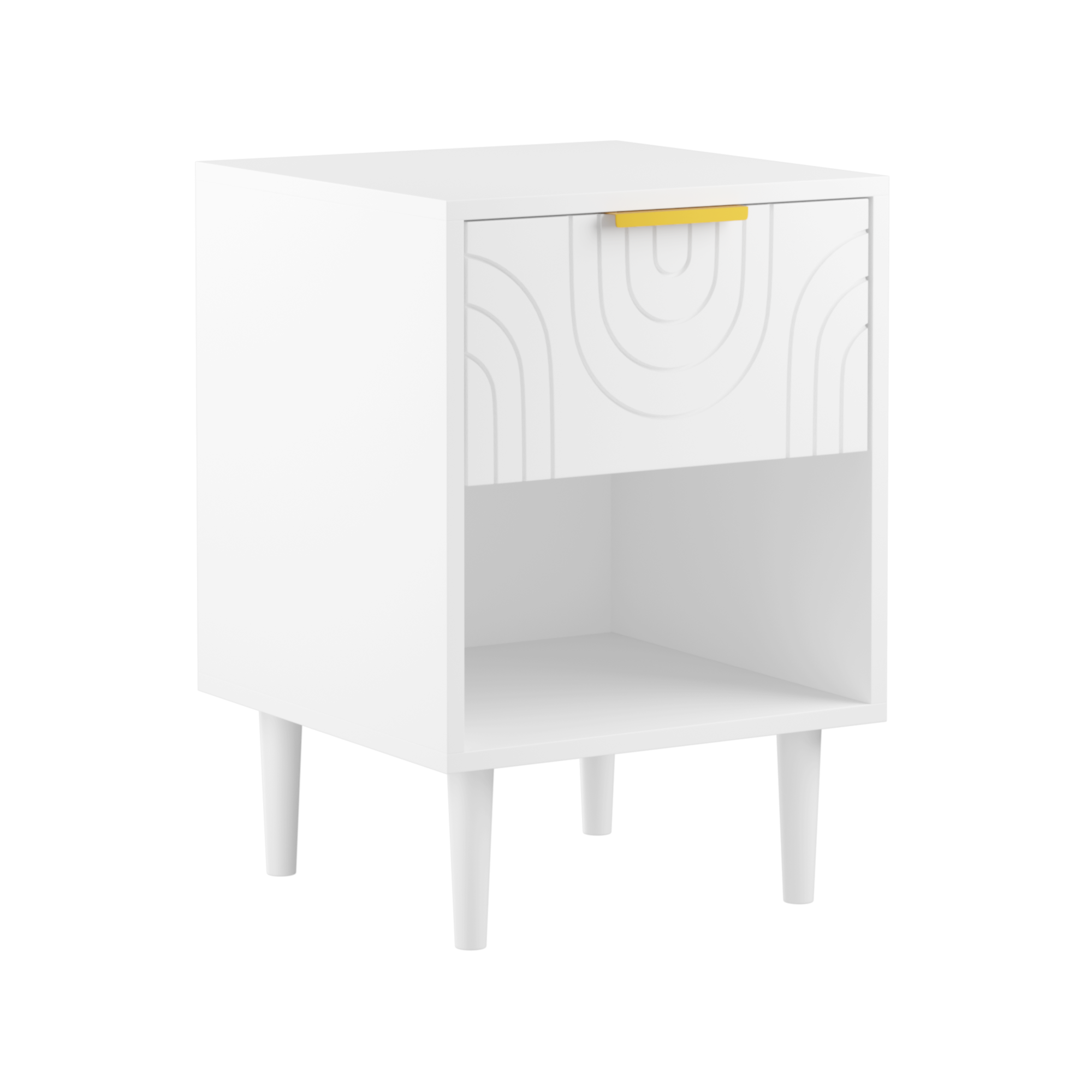 Modern White Nightstand with One Drawer and Open Shelf, Gold-Accented Handle, 22.83'' H, MDF, White - Grand Goldman Shop