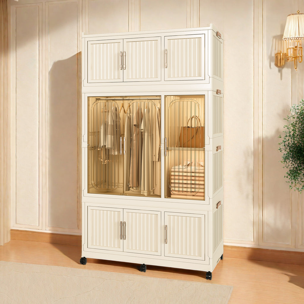Portable Wardrobe Closet Storage Organizer with 9 Magnetic Doors, Cream White, - Grand Goldman Shop