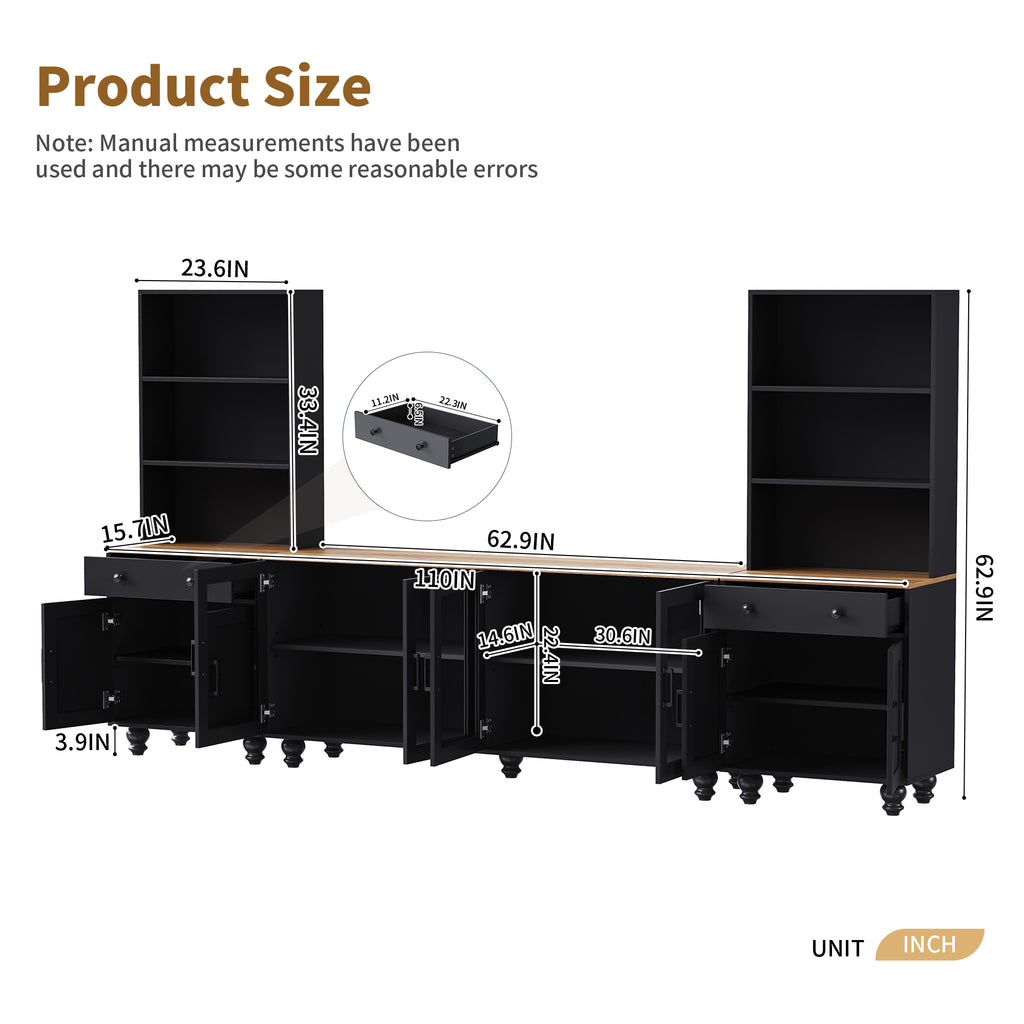 Farmhouse TV Stand with Solid Wood Gourd-Shaped Legs for TVs Up to 70', Entertainment Center with Bookshelves & Tempered Glass Doors, Media Console with Adjustable Shelves, Living Room, Black - Grand Goldman Shop