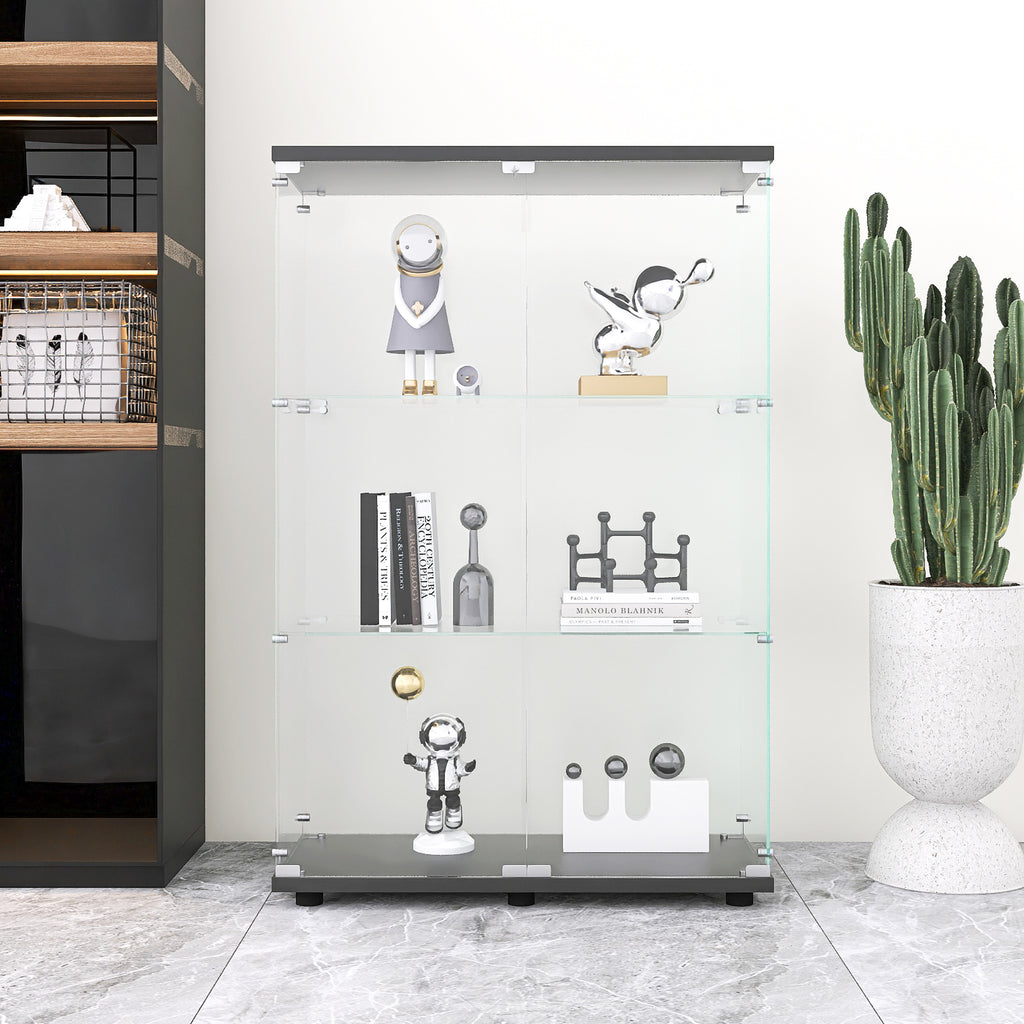 Two-door Glass Display Cabinet 3 Shelves with Door, Floor Standing Curio Bookshelf for Living Room Bedroom Office, 49.3'*31.7