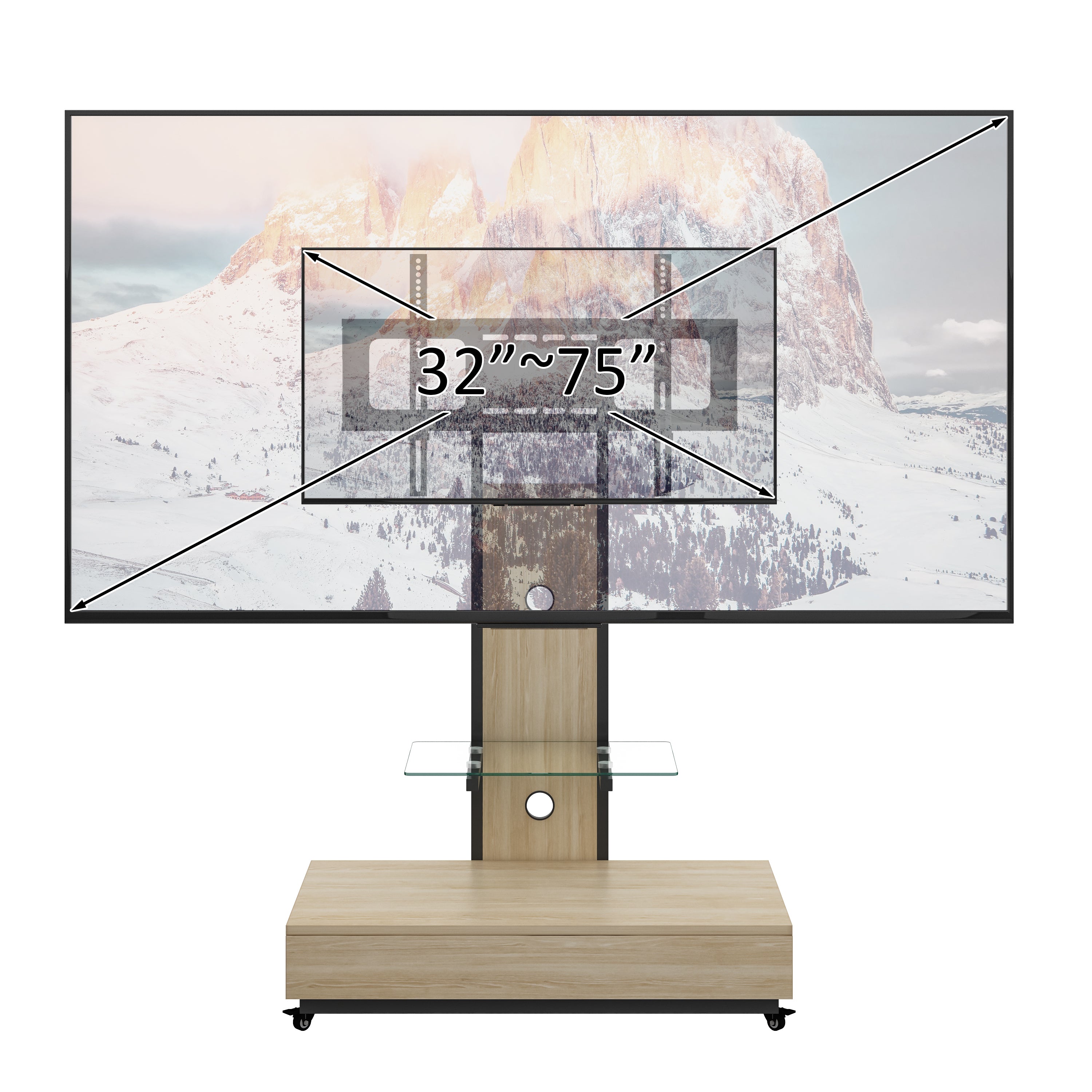 Mobile TV Cart with Push-Pull Drawer for 32-75 Inch TVs, Natural Wood & Glass Stand with Lockable Wheels - Grand Goldman Shop