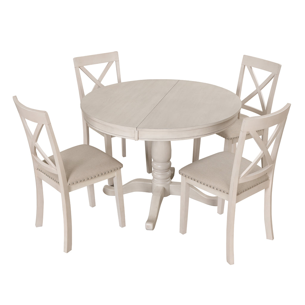 Antique White Modern Dining Table Set for 4 with Round Table and Chairs, Solid Wood & MDF - Grand Goldman Shop
