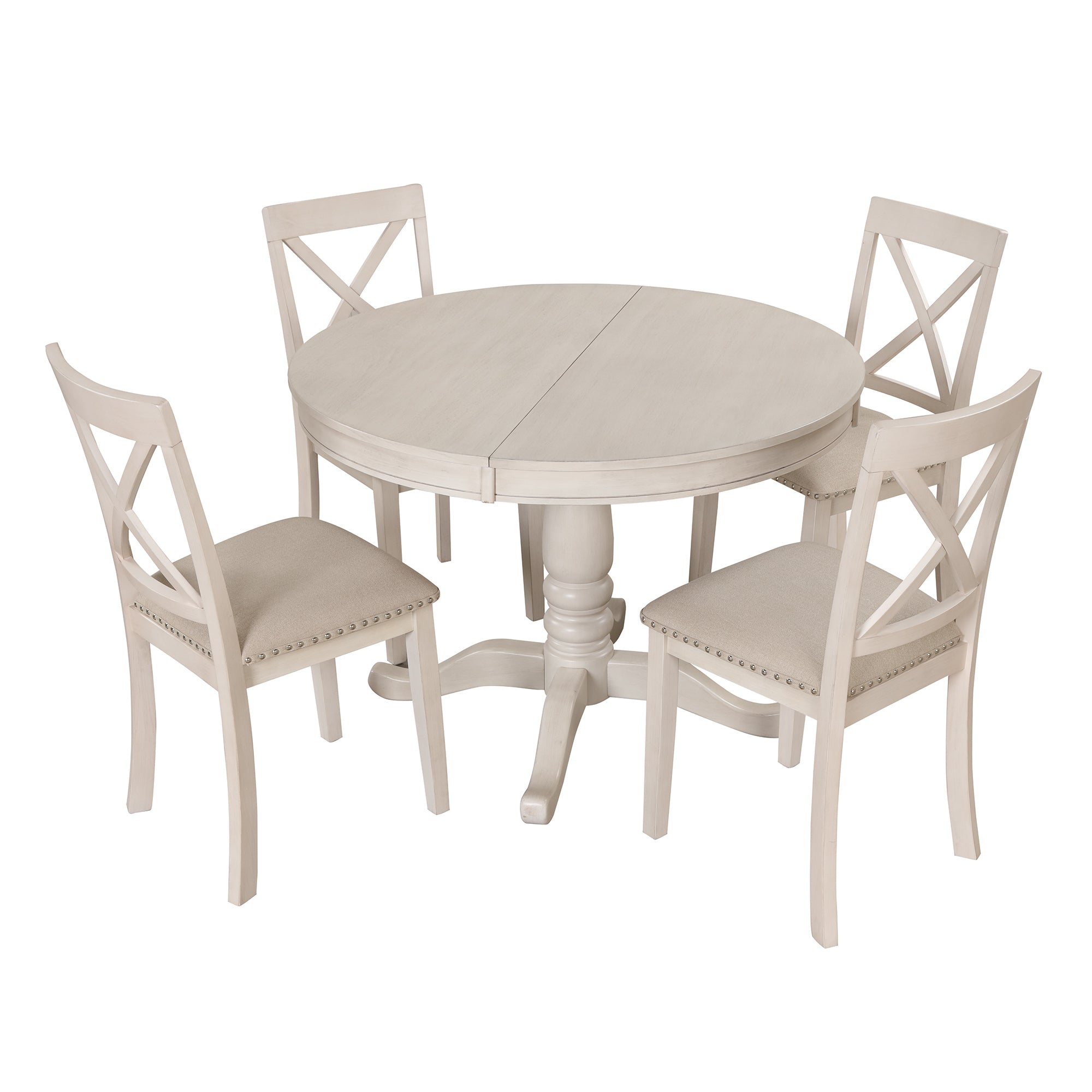 Antique White Modern Dining Table Set for 4 with Round Table and Chairs, Solid Wood & MDF - Grand Goldman Shop