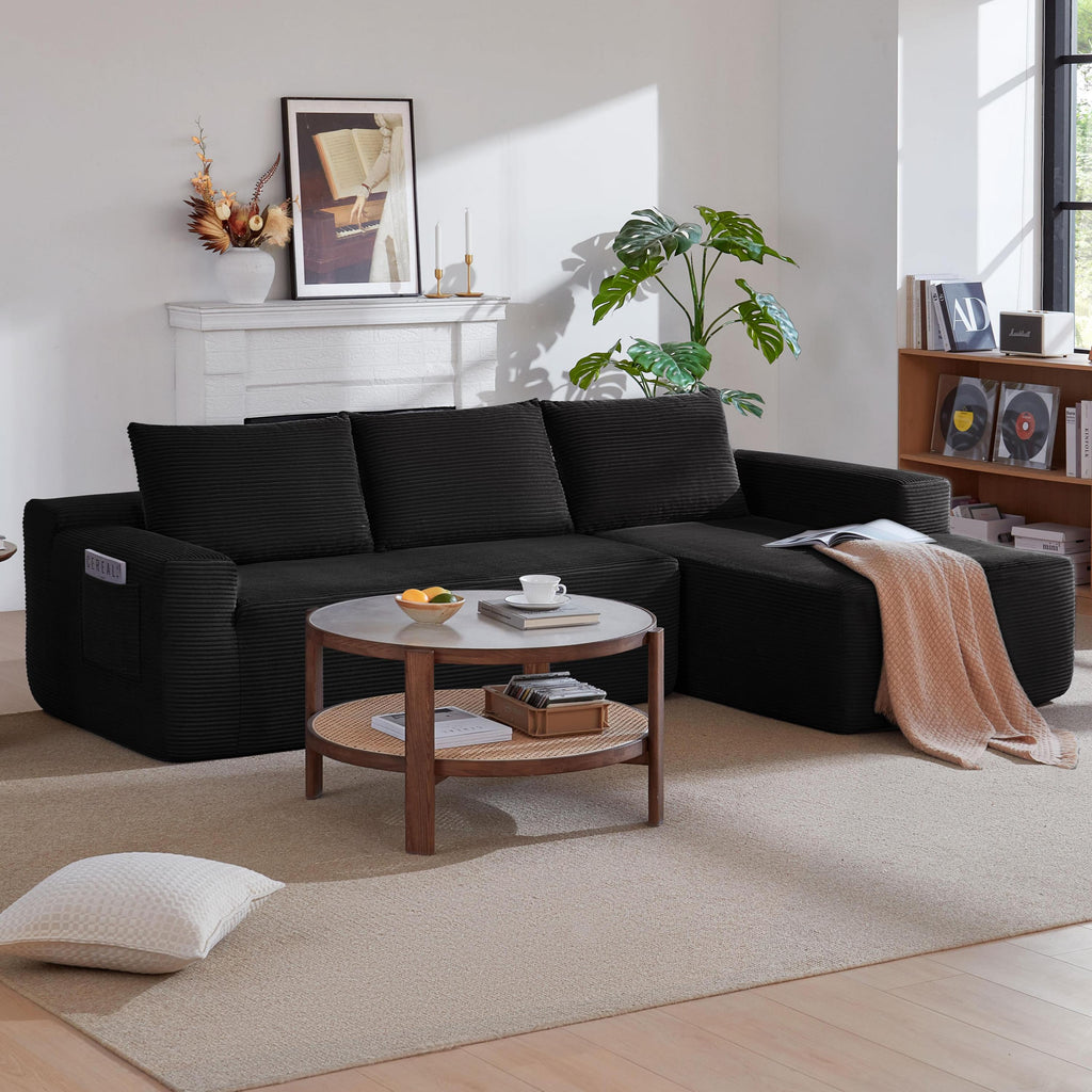 96.9' Cloud Sectional Couch with L-Shape Chaise,Modern Modular Sofa with Deep Seat, Upholstered Couches for Living Room Bedroom,No Assembly Required, (Corduroy Fabric),Black - Grand Goldman Shop
