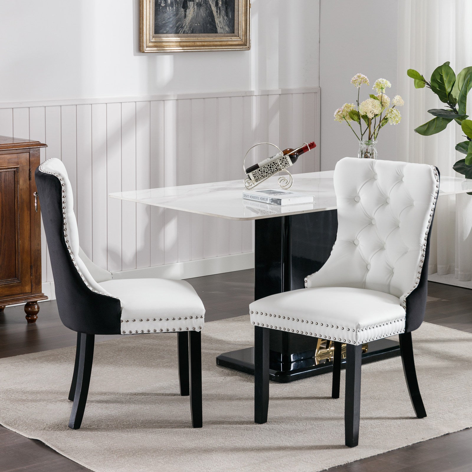 A&A Furniture,Nikki Collection Modern,High-end Tufted Solid Wood Contemporary PU and Velvet Upholstered Dining Chair with Wood Legs Nailhead Trim  2 Pcs Set,White+Black, SW2101WB - Grand Goldman Shop