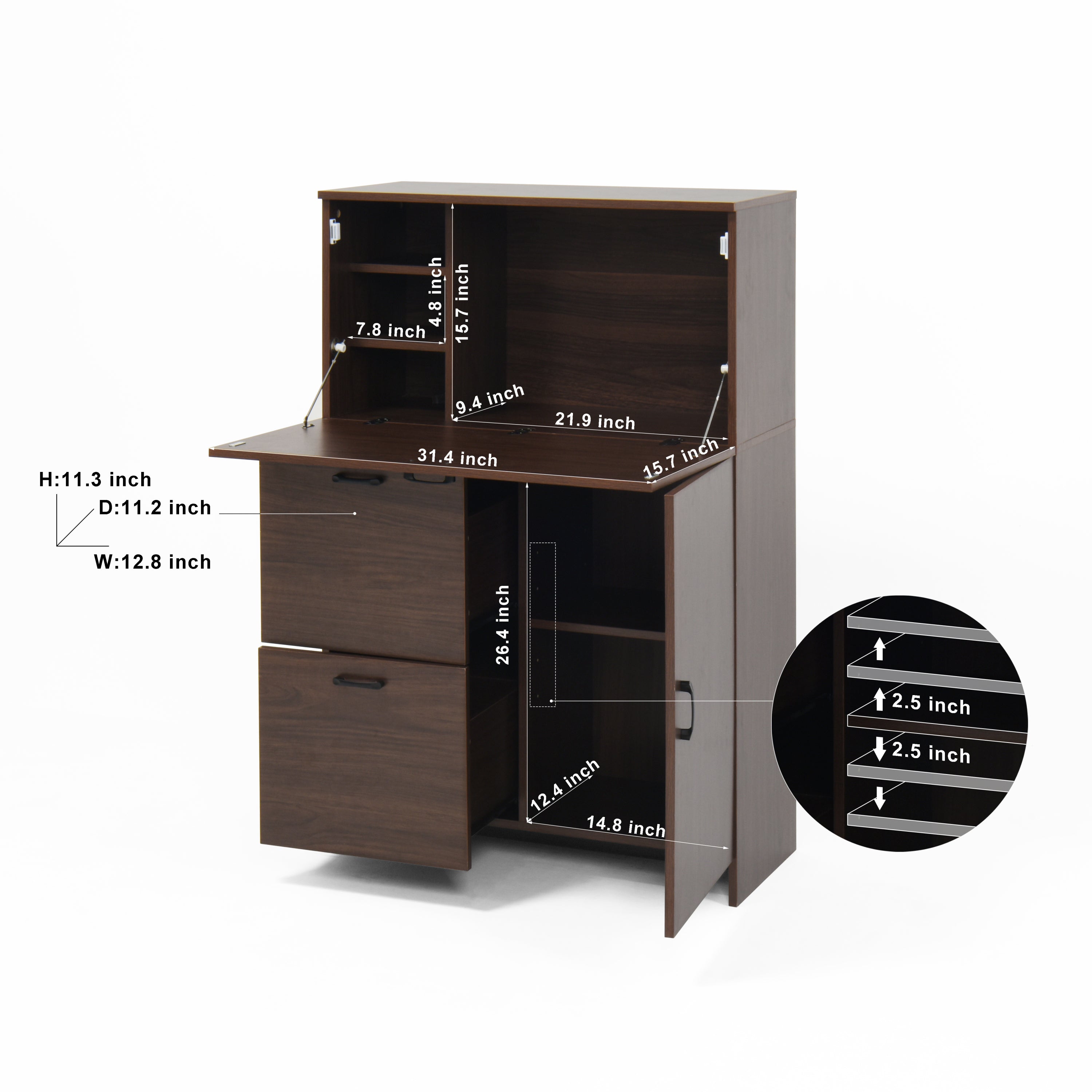 Desk Cabinet, with Storage Drawer & Shelves, Fold-up Desktop, Ideal for Home, Office, Kitchen storage organizer, Dormitory, Small Spaces W31.49'xD13.78'xH47.2' - Grand Goldman Shop