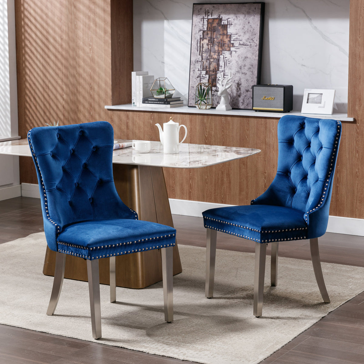 Nikki Collection Modern, High-end Tufted Solid Wood Contemporary Velvet Upholstered Dining Chair with Chrome Stainless Steel Plating Legs,Nailhead Trim,Set of 2,Blue and Chrome, SW1701BL - Grand Goldman Shop