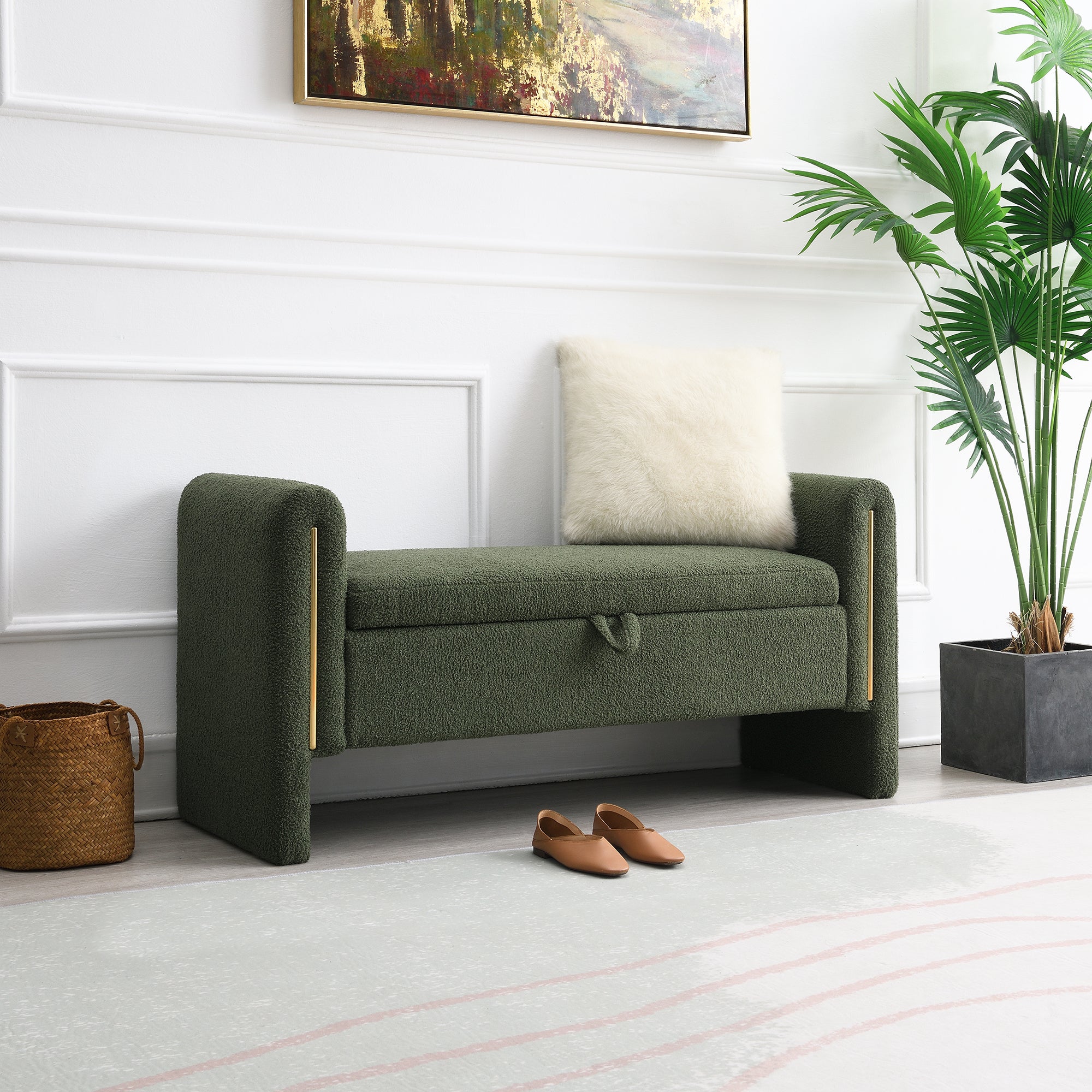 Modern Teddy Bed End Bench with Arms and Storage, Upholstered Foot Rest Stool in Olive Green, Plywood, 52.3'' - Grand Goldman Shop