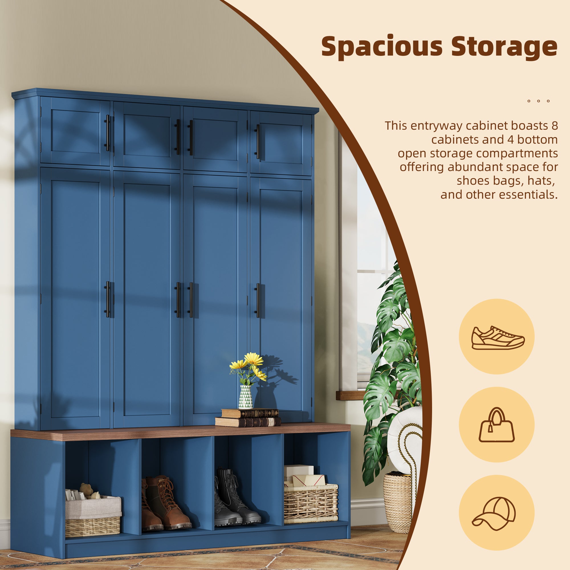 Farmhouse Hall Tree with 4 Hidden Hanging Hooks, Versatile Walnut Seating Bench with 8 Doors, Entryway Shoe Cabinet with Open Compartment for Living Room, Blue (OLD SKU:N721S000059C) - Grand Goldman Shop