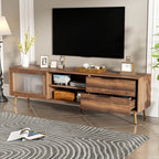 Modern Walnut TV Stand for 75+ TV, 70' Media Console with 2 Glass Doors, 2 Drawers & Storage Cabinet, MDF and Solid Wood Construction - Grand Goldman Shop