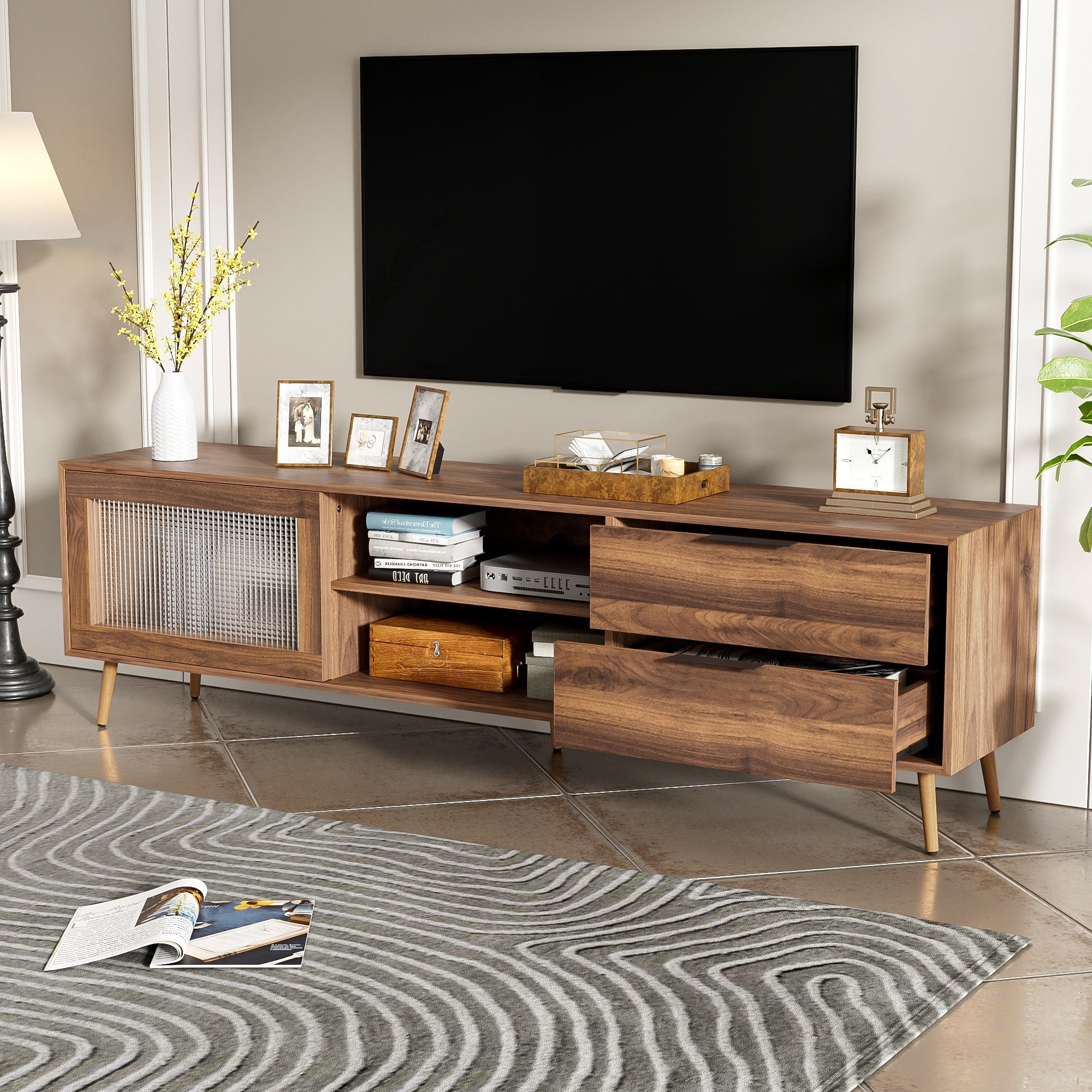Modern Walnut TV Stand for 75+ TV, 70' Media Console with 2 Glass Doors, 2 Drawers & Storage Cabinet, MDF and Solid Wood Construction - Grand Goldman Shop