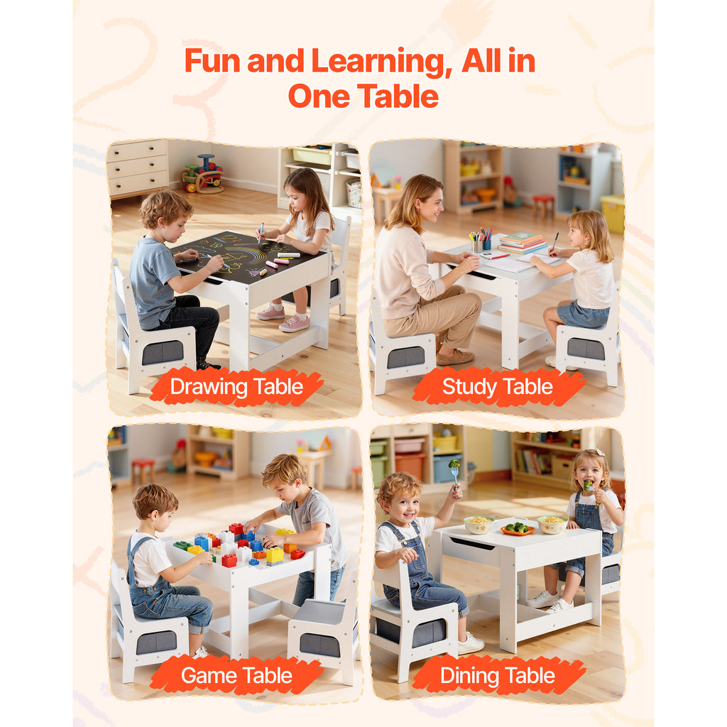 Kids Table and 2 Chairs Set, Toddler Table and Chair Set with Storage Space under the Table, Cloth Storage Box under the Chai