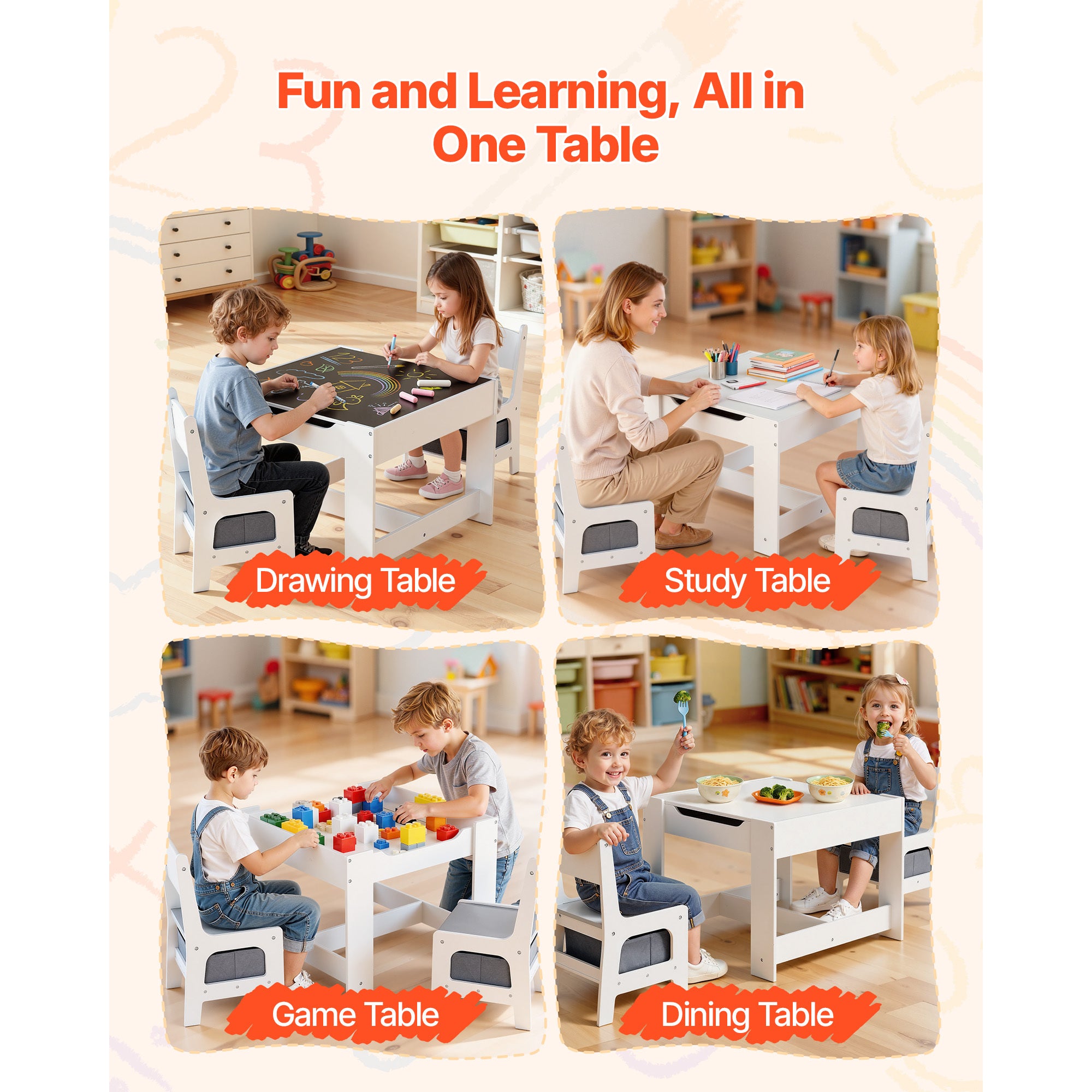 Kids Table and 2 Chairs Set, Toddler Table and Chair Set with Storage Space under the Table, Cloth Storage Box under the Chai