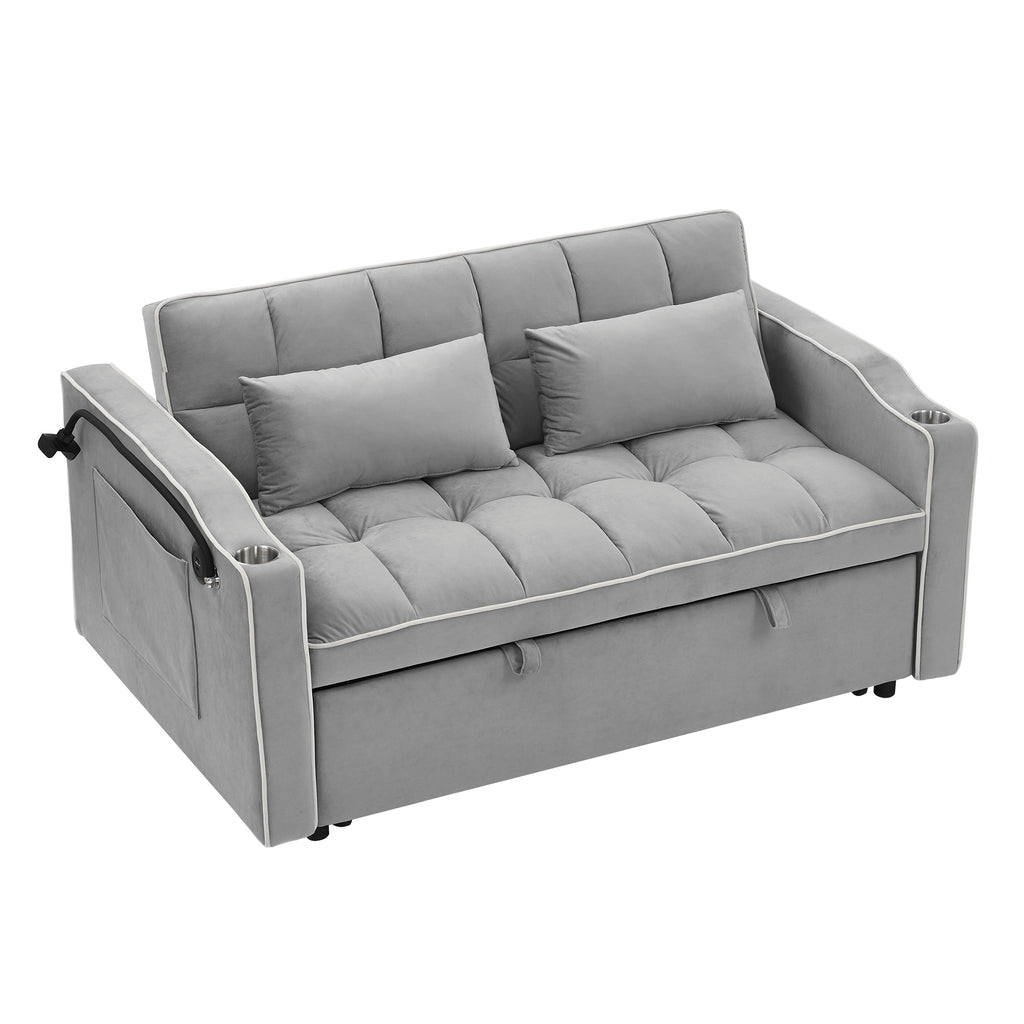 55.51 inch versatile foldable sofa bed in 3 lengths, modern sofa sofa sofa velvet pull-out bed, adjustable back and with USB port and ashtray and swivel phone stand (Grey) - Grand Goldman Shop