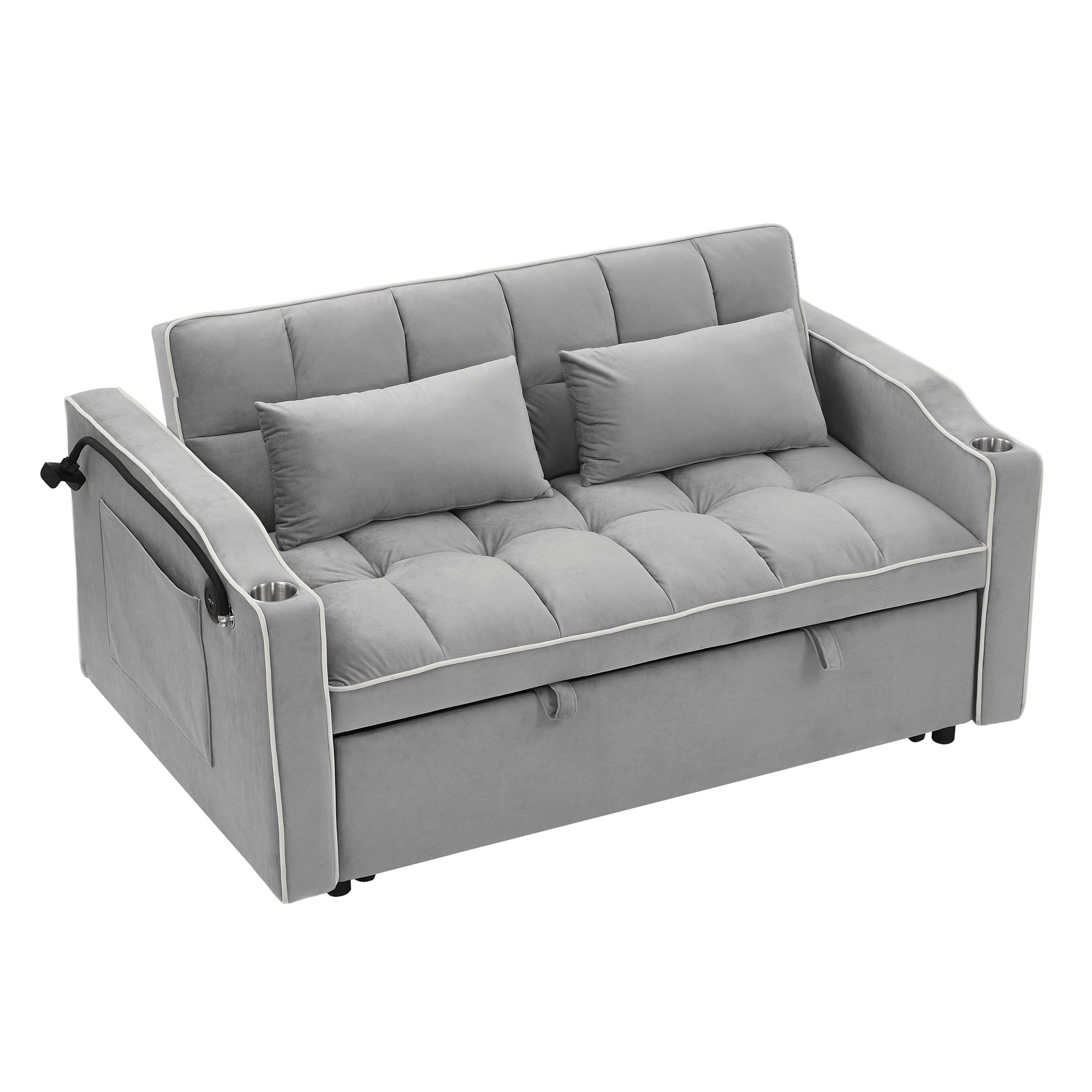 55.51 inch versatile foldable sofa bed in 3 lengths, modern sofa sofa sofa velvet pull-out bed, adjustable back and with USB port and ashtray and swivel phone stand (Grey) - Grand Goldman Shop